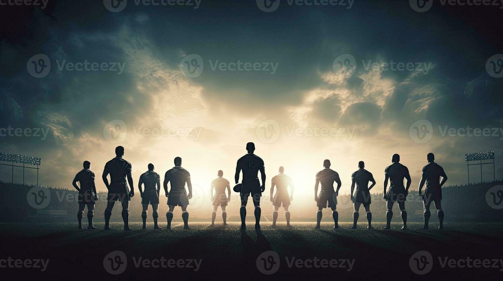 Football fans silhouettes on a rugby field photo