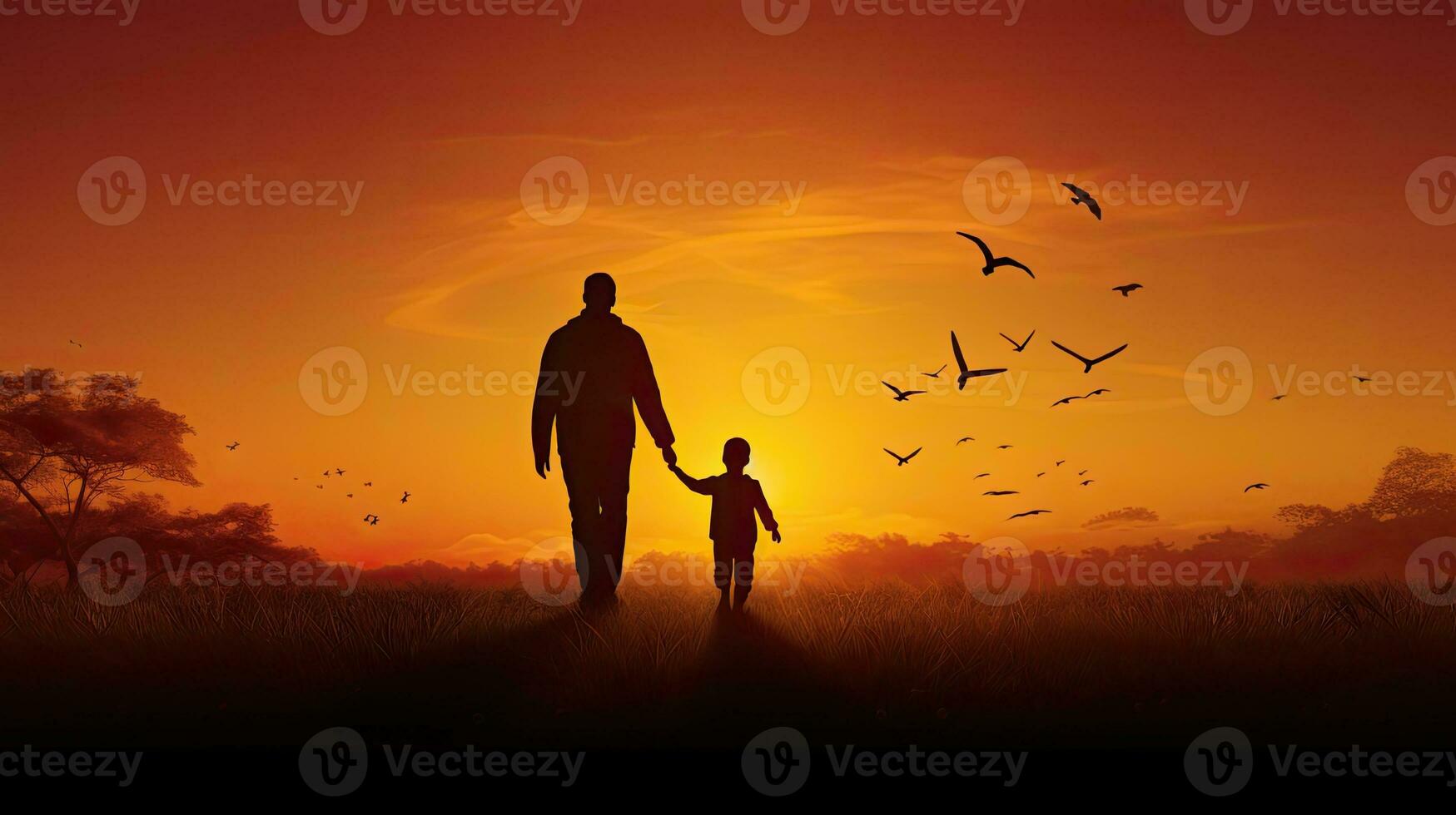 International migrants day Silhouettes of a father and son holding hands on an autumn meadow at sunset photo