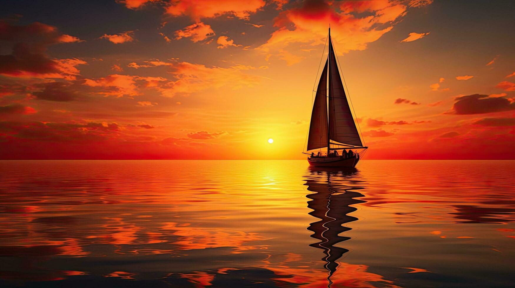 Sunset reflection of a sailing boat in water photo