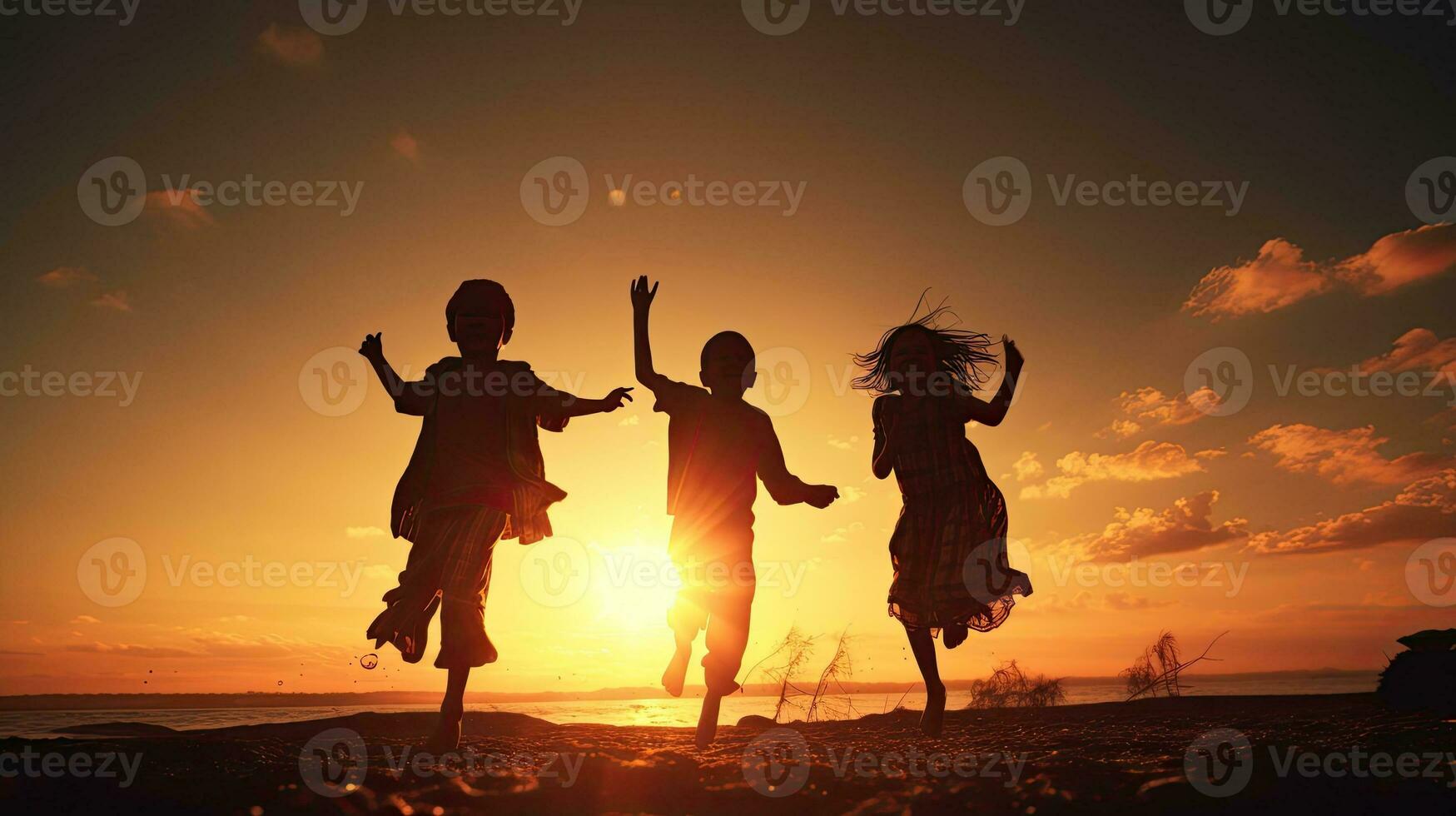 Kids enjoying the sunset silhouettes full of freedom and happiness photo