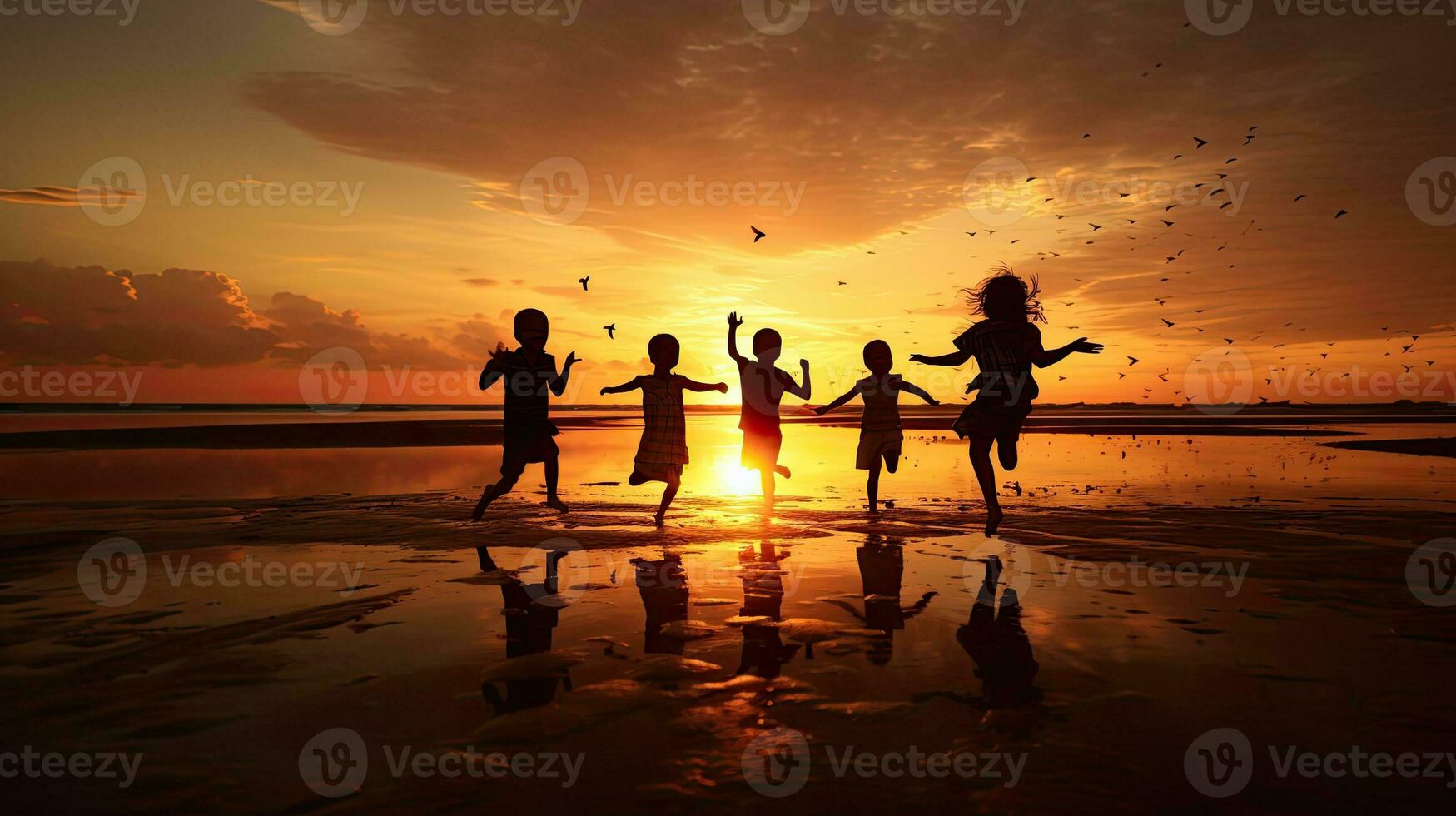 niños disfrutando el puesta de sol siluetas lleno de libertad y felicidad foto