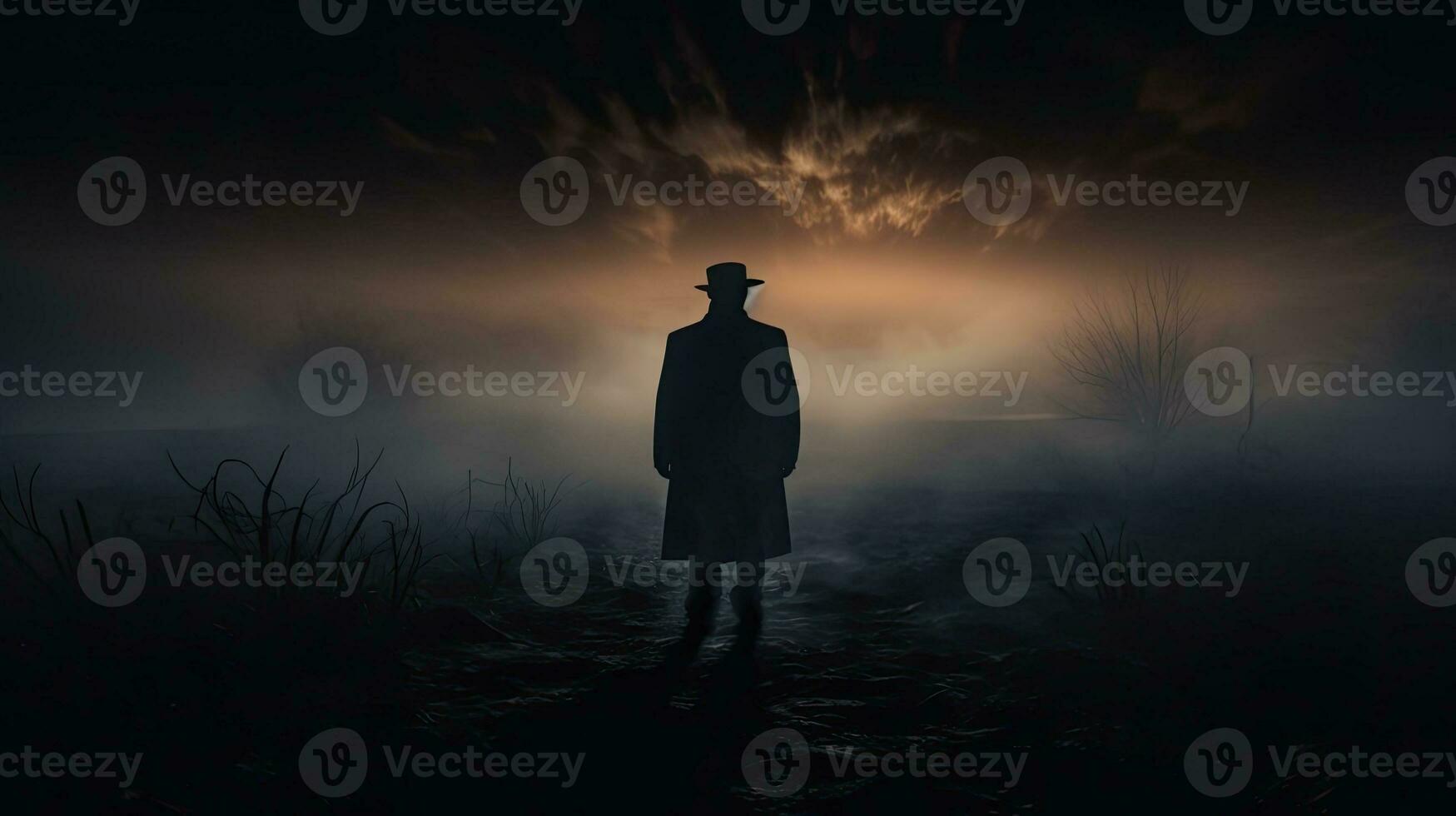 Mysterious figure standing in foggy landscape photo
