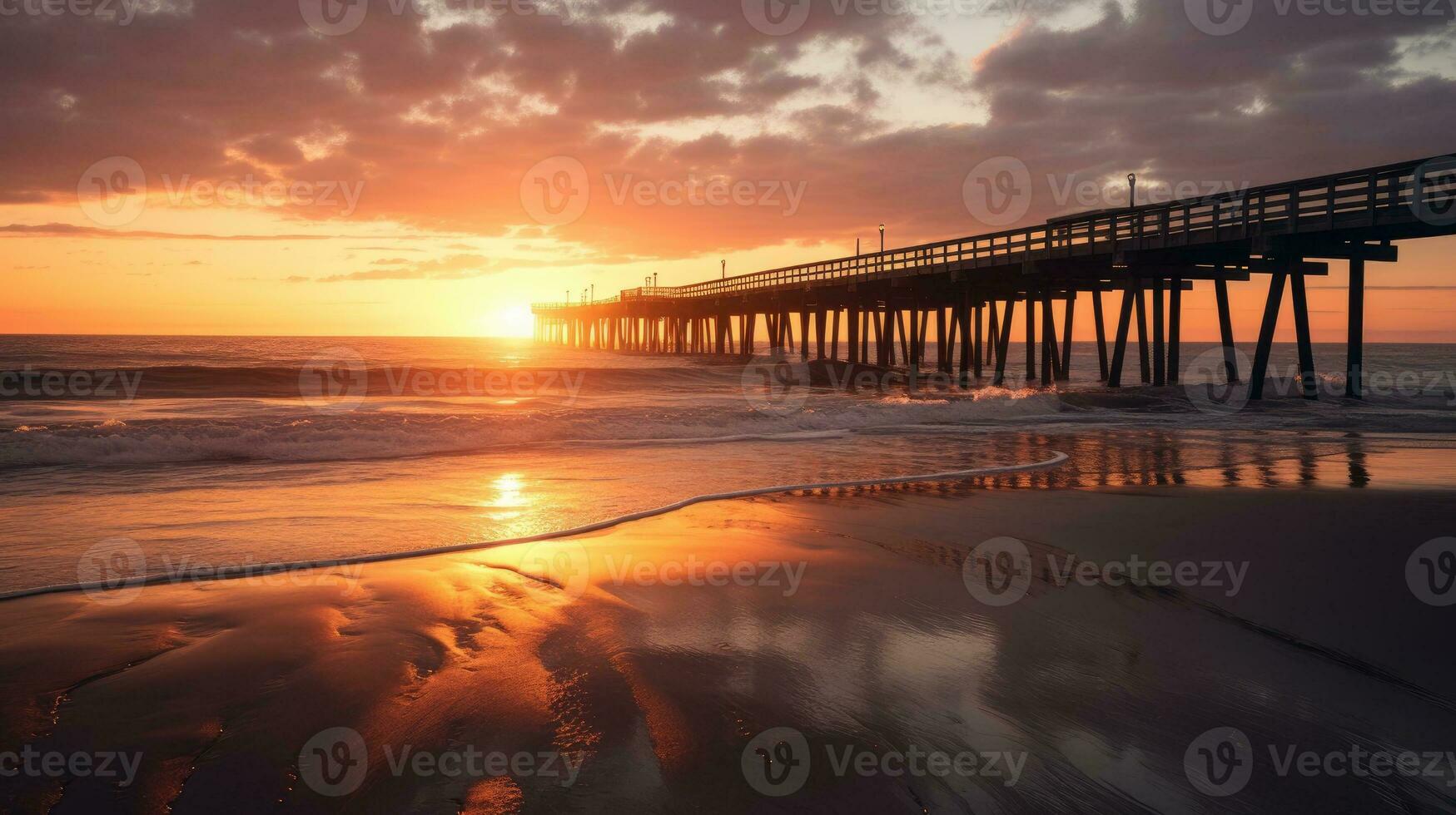 Silhouetted wooden pier on piles during sunset in California s Oceanside Waterfront resort along the Pacific Ocean tide tropical beach Summertime coastline vacations with a photo