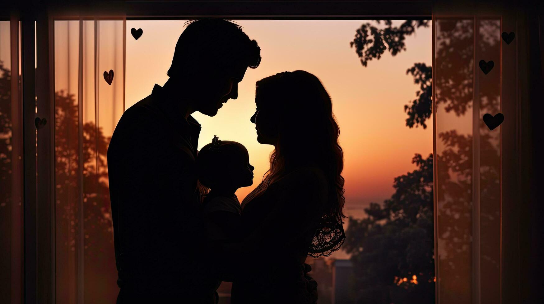 Happy parents holding newborn baby by window heart shaped silhouettes photo