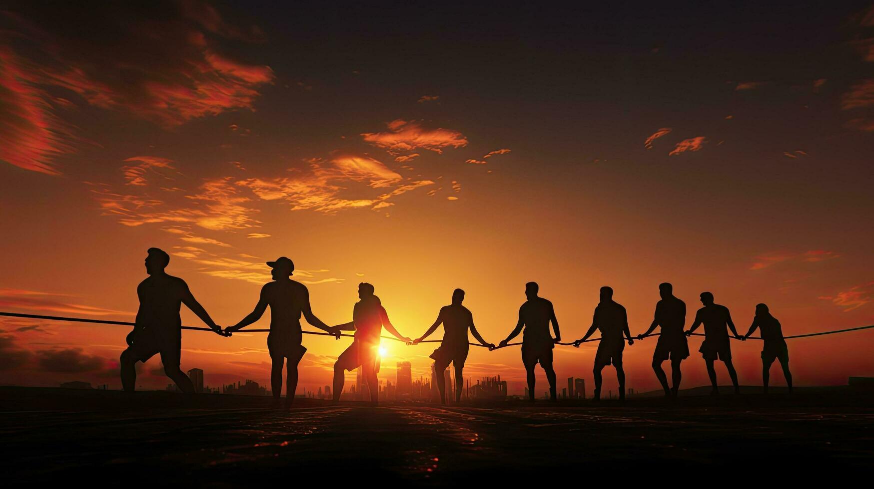 Silhouette employees succeed together against sunset backdrop photo