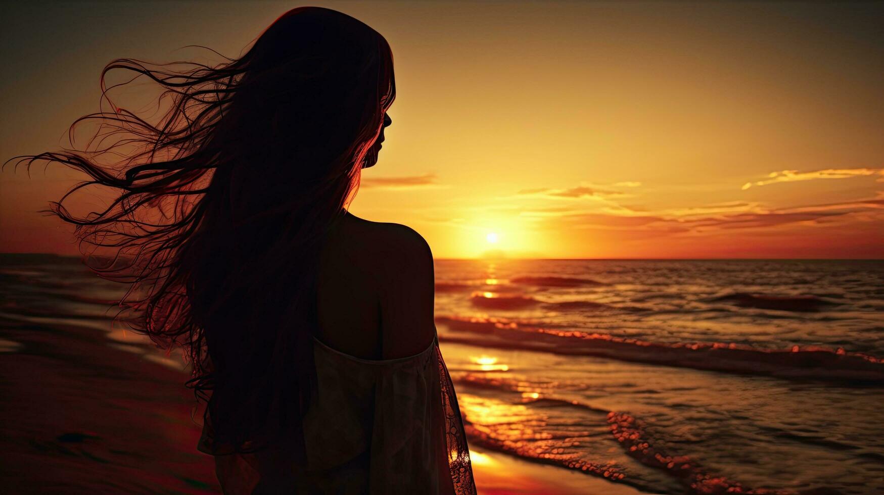 Woman s silhouette watching beach sunset photo