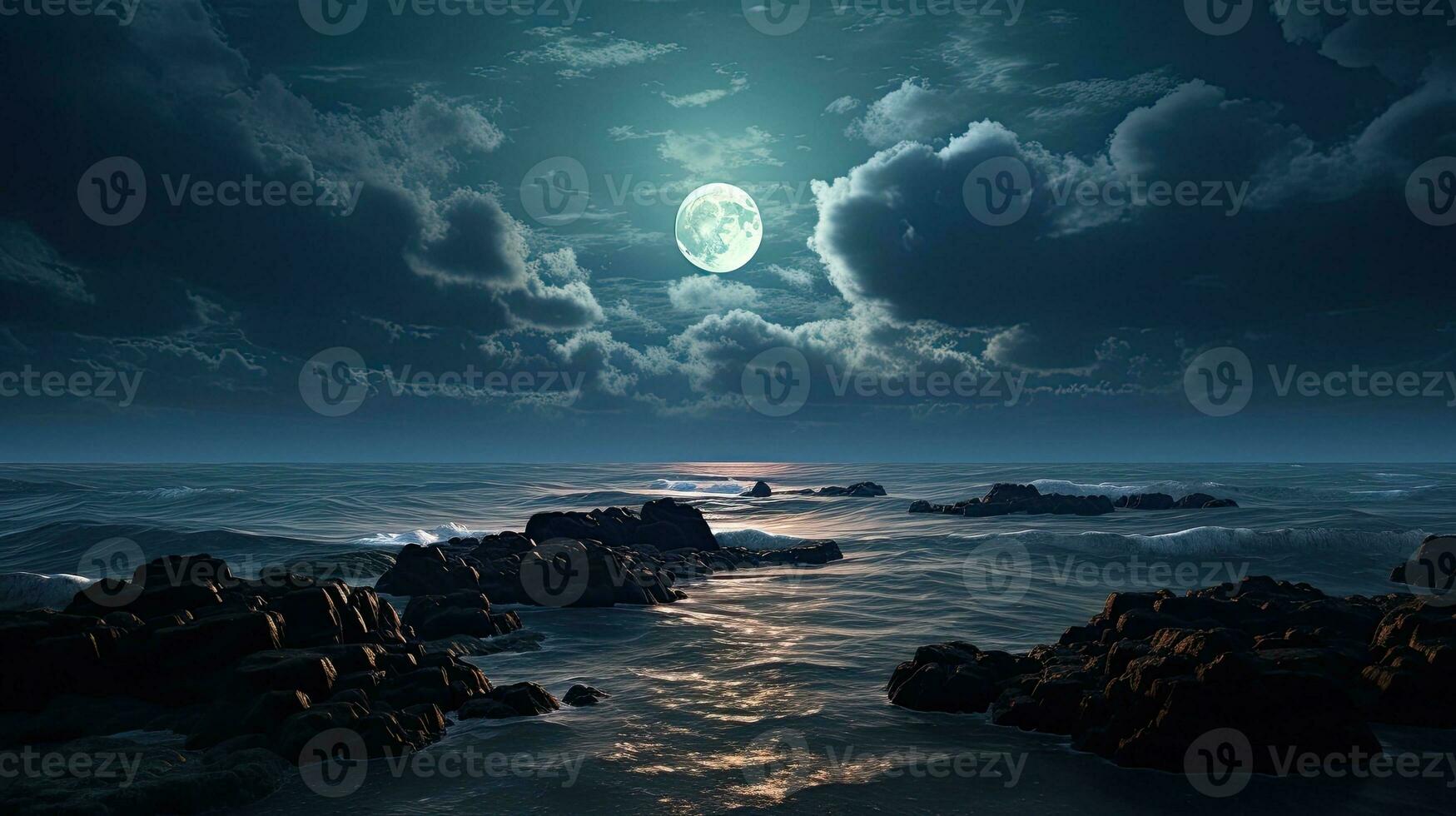 Moonlight reflecting on the sea with clouds and rocky landscape beneath photo