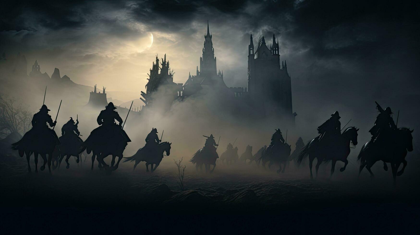 Dark medieval battle scene with silhouetted cavalry and infantry warriors fighting in front of a foggy castle photo
