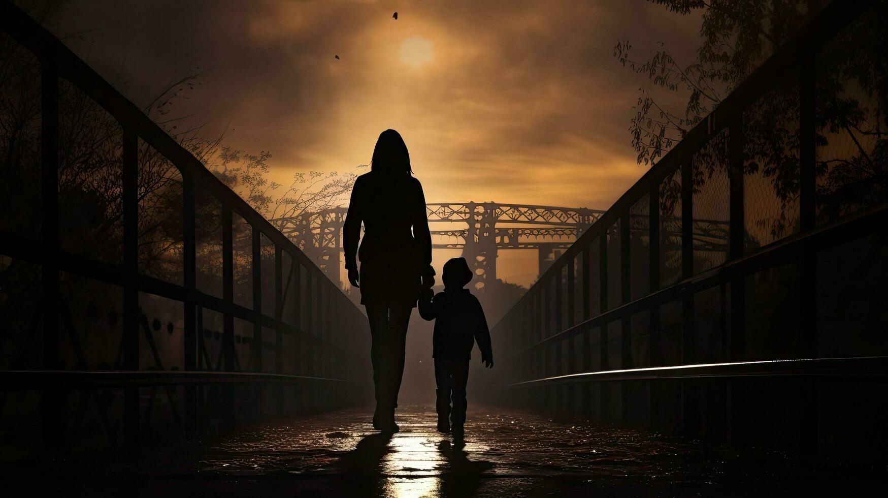 Mother and child leave the bridge and head towards the light photo