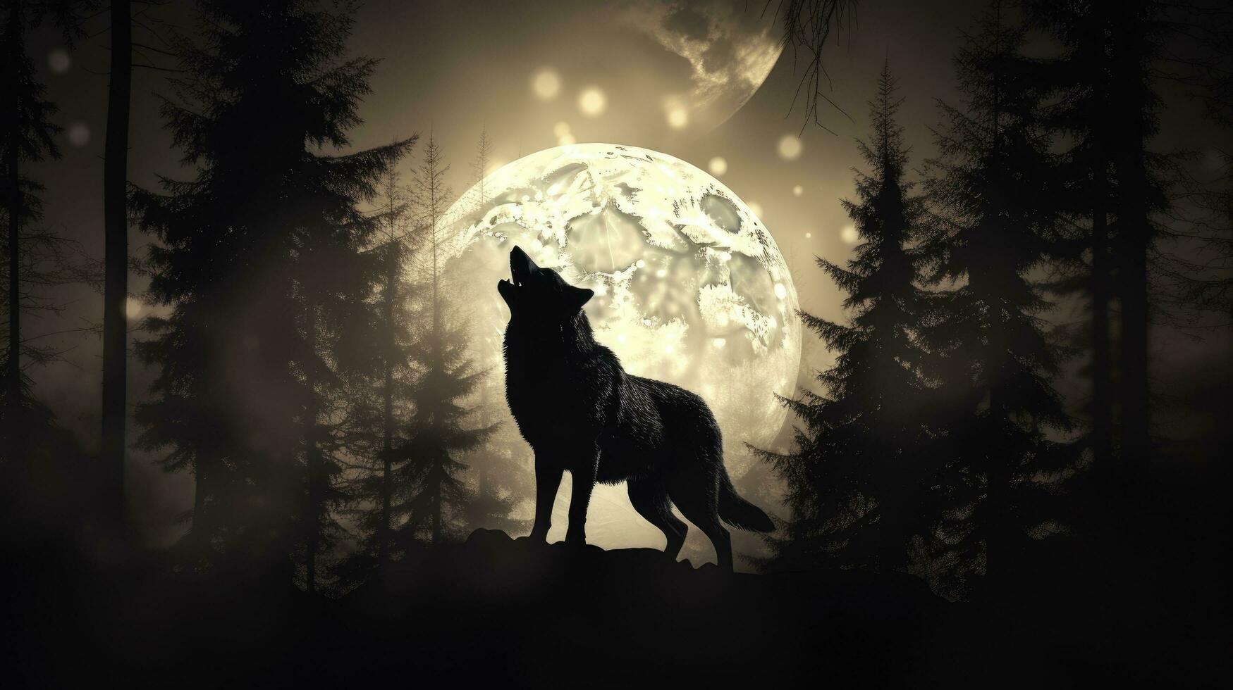 Artistic decoration featuring selective focus on a silhouette of a wolf howling against a moonlit sky and barren forest photo