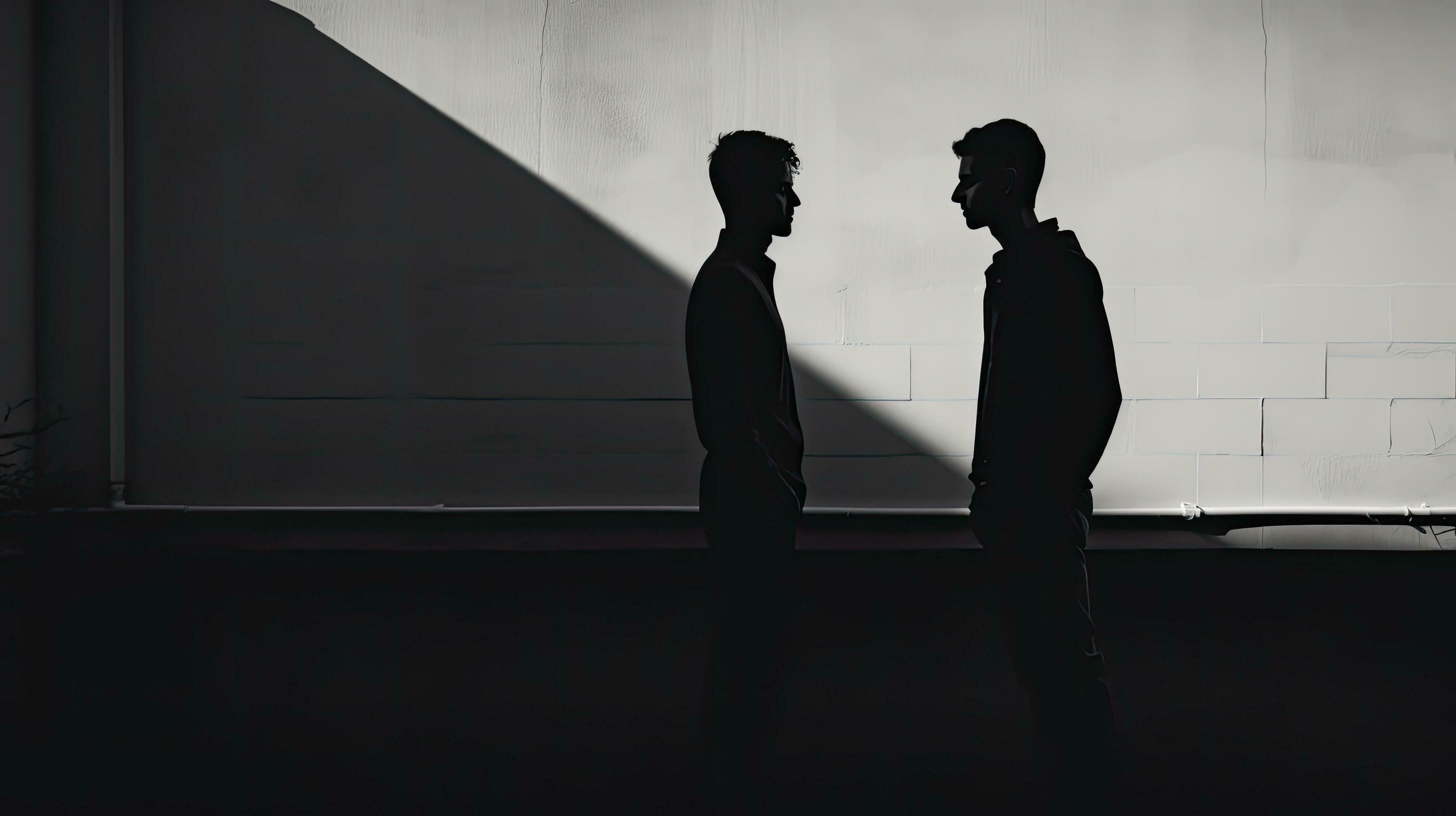 Two men converse as shadows on the wall 27104726 Stock Photo at Vecteezy