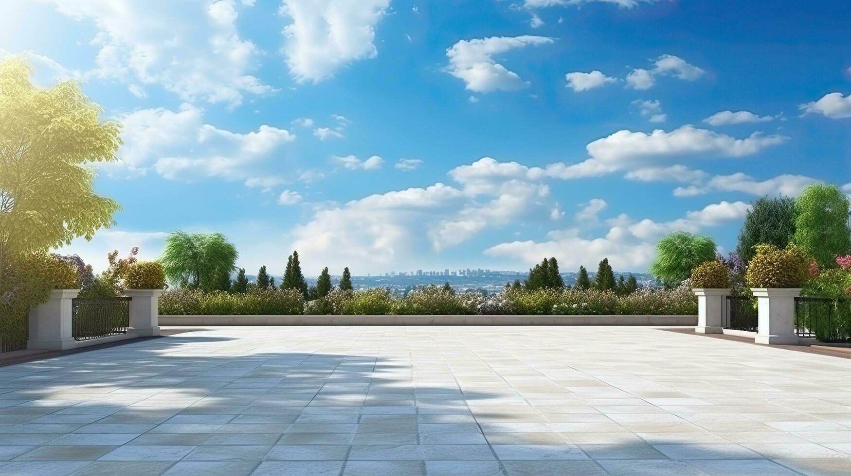 Deserted street with serene garden backdrop and clear blue sky photo