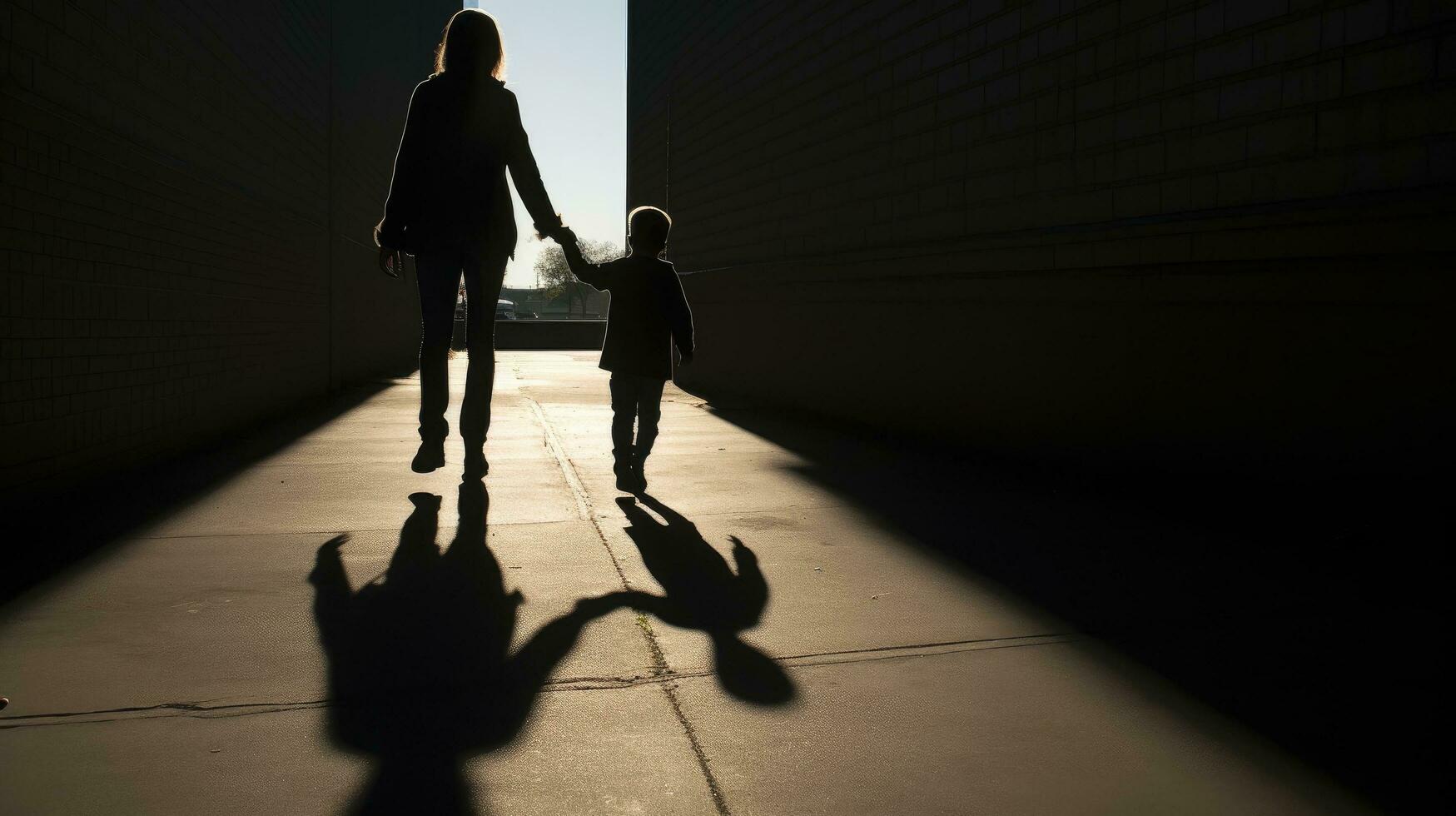 Silhouette of mother and child holding hands on the sidewalk photo