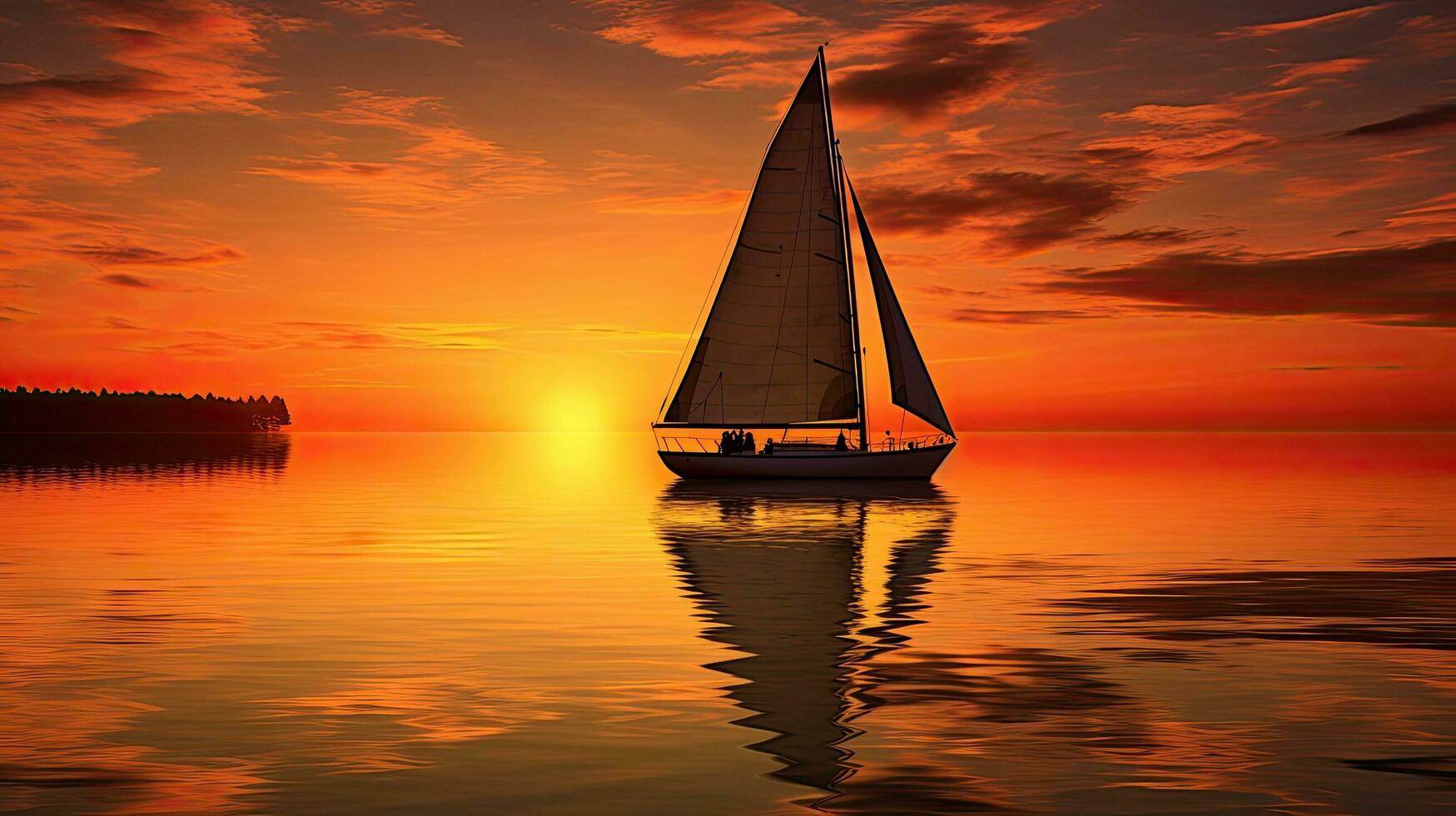 Sunset reflection of a sailing boat in water photo