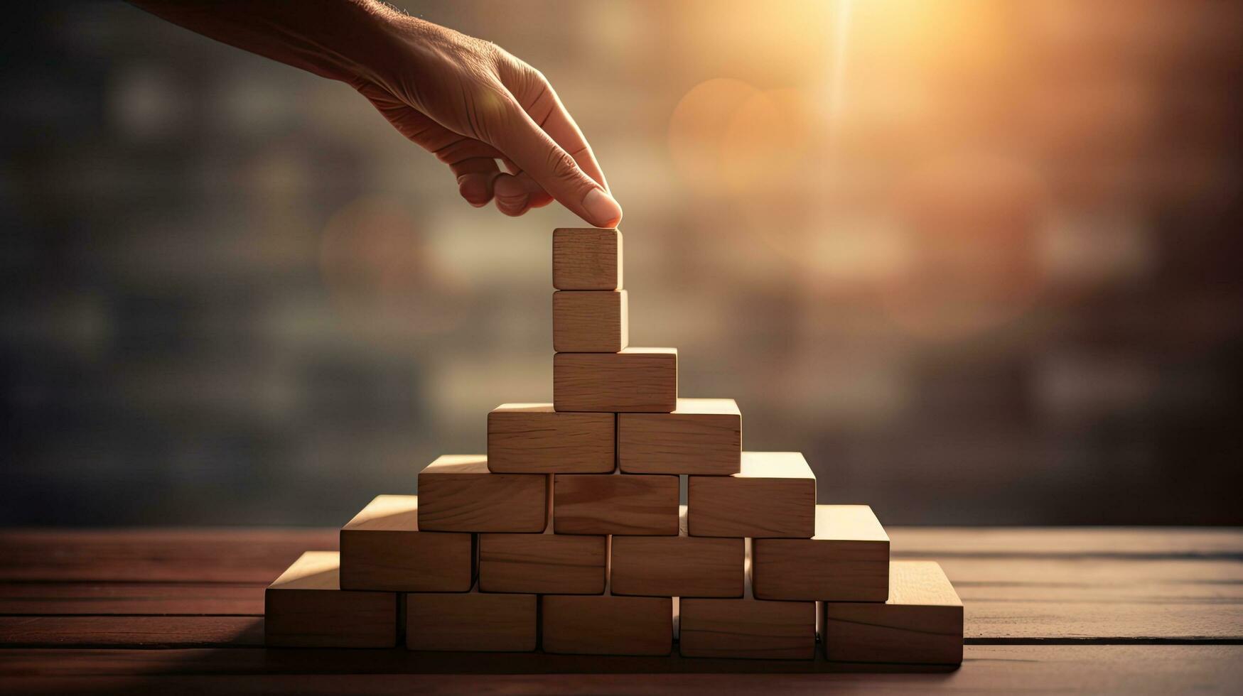 Hand silhouette climbing wooden block stairs with sunlight symbolizing success and achieving goals photo