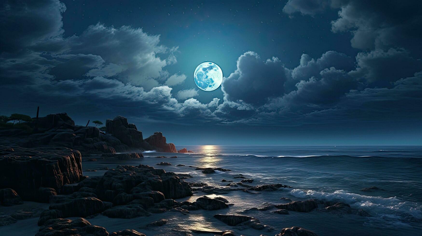 Moonlight reflecting on the sea with clouds and rocky landscape beneath photo