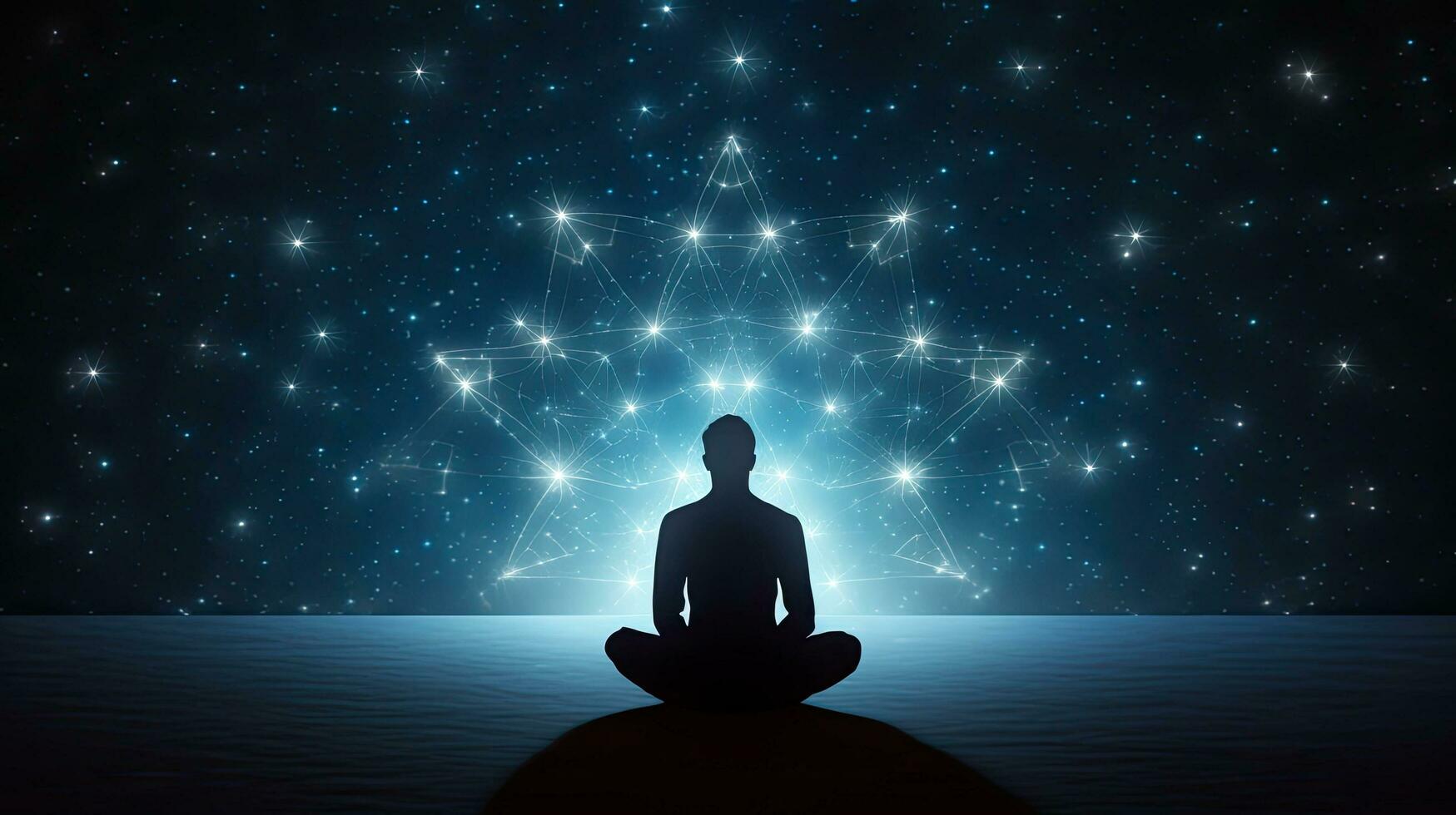 Human silhouette sitting amid starry background engrossed in yoga meditation for relaxation and psychological well being photo