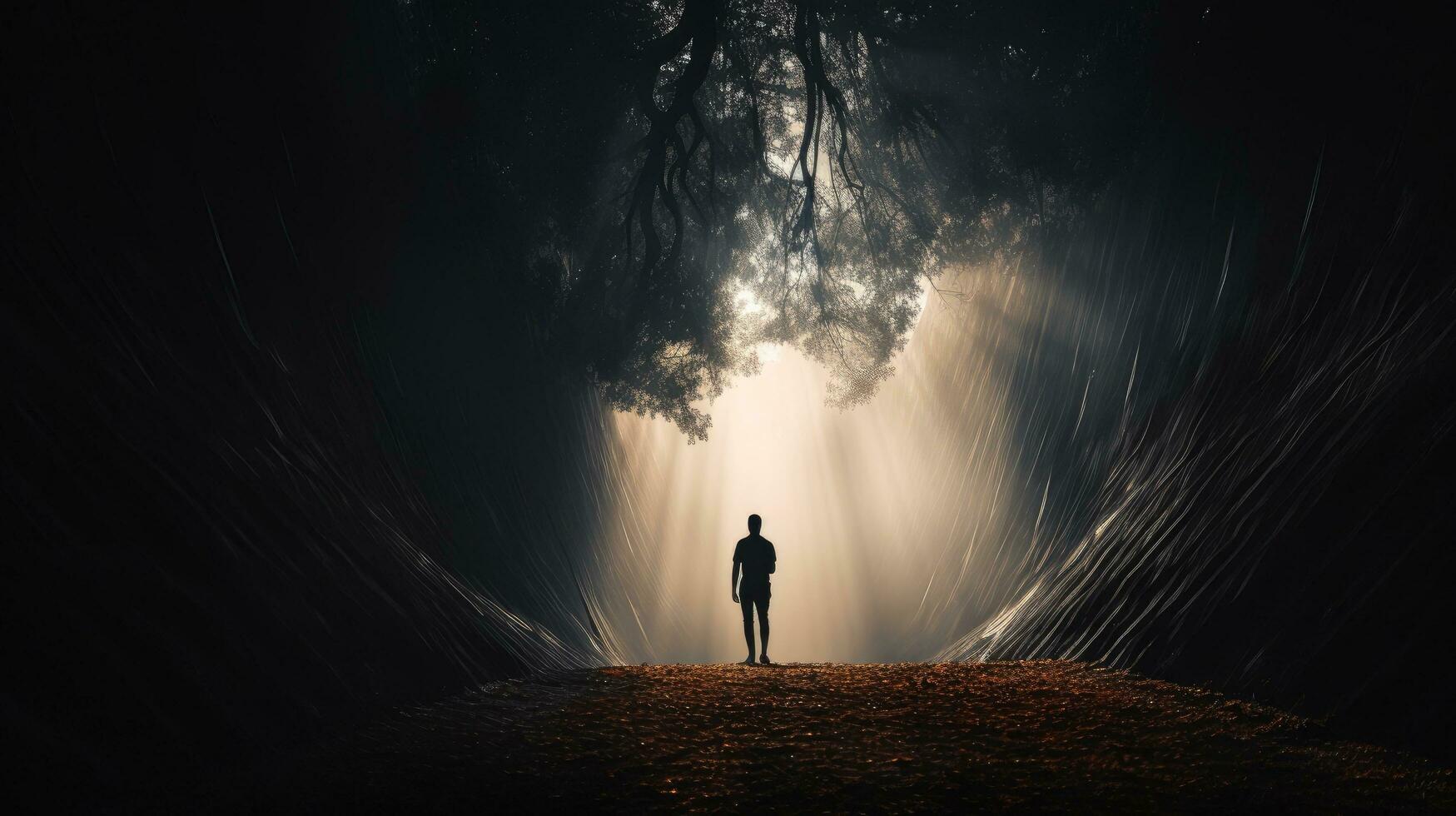 un hombre caminando hacia un brillante ligero en naturaleza simbolizando éxito y libertad foto