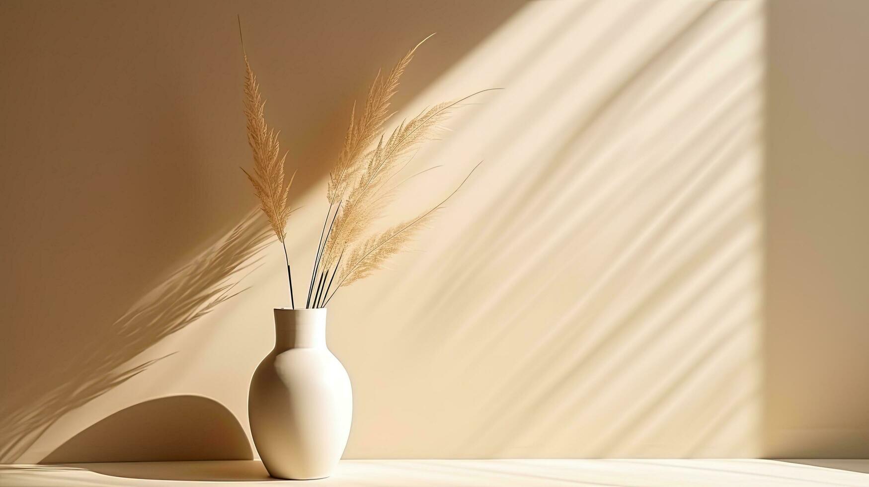 Dry pampas grass in chic vase Shadows on wall Silhouette in sunlight Minimalistic decor idea photo