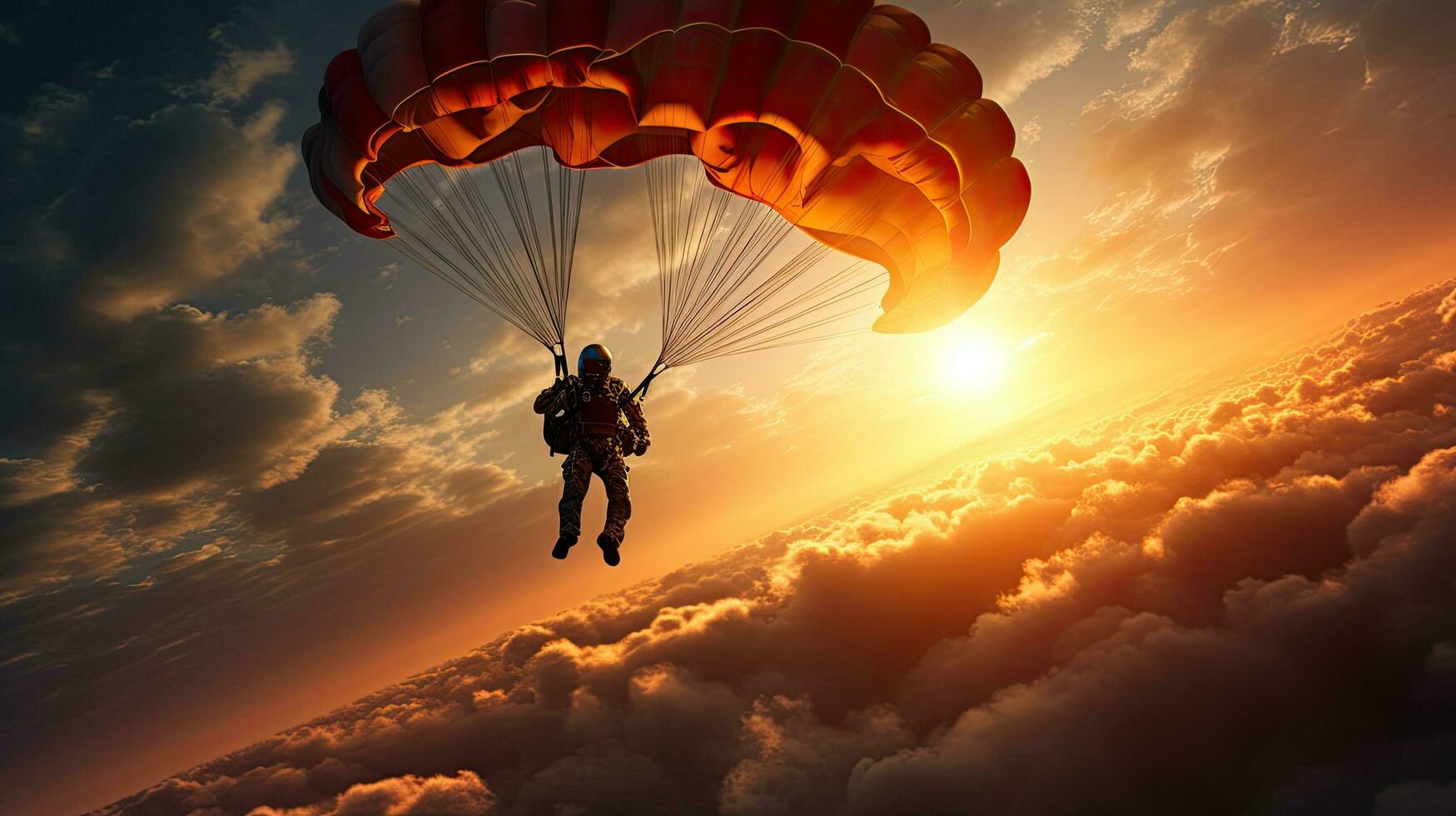 A solitary parachuter gracefully glides through the vibrant sky outlined by the setting sun photo