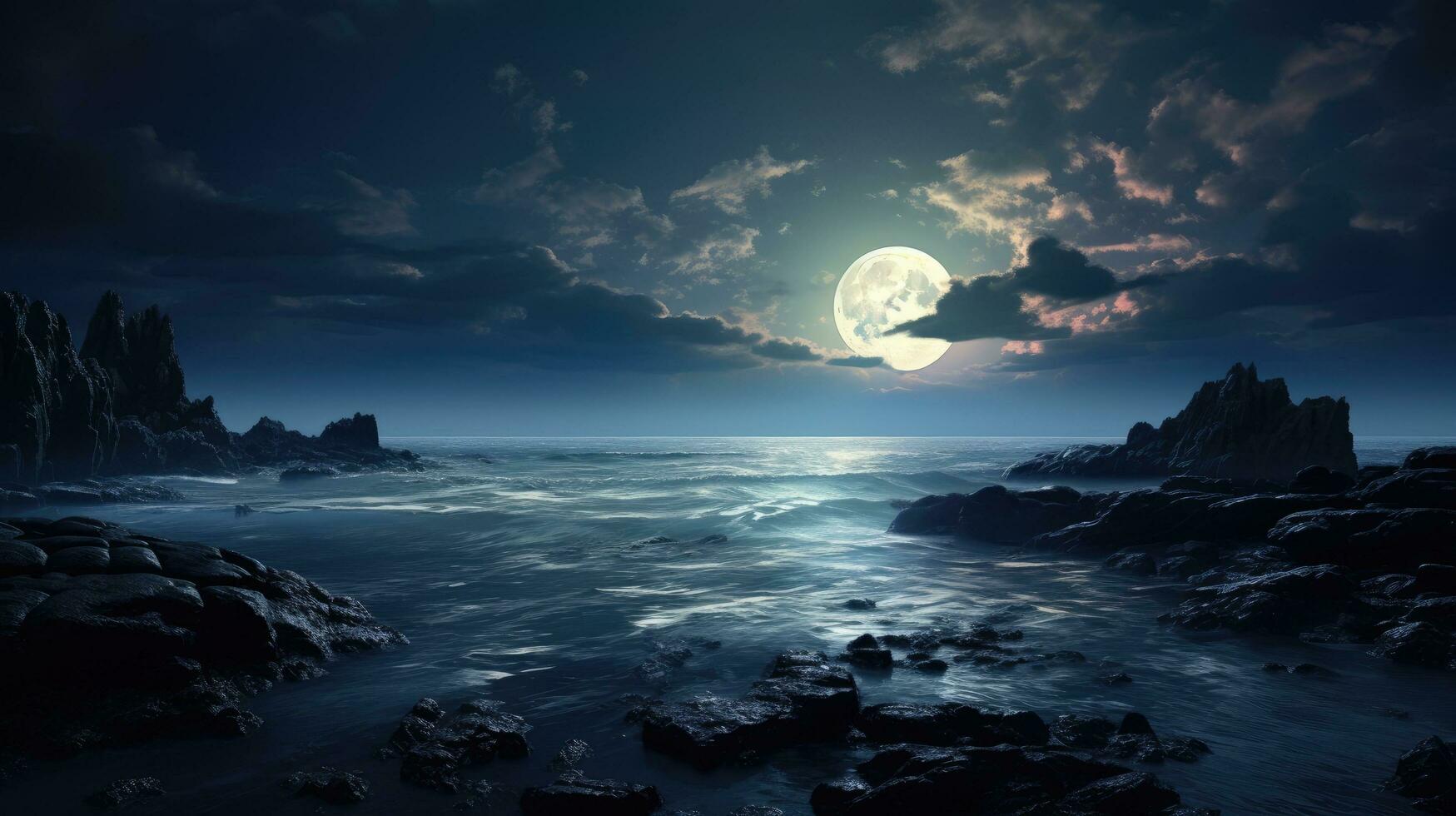 Moonlight reflecting on the sea with clouds and rocky landscape beneath