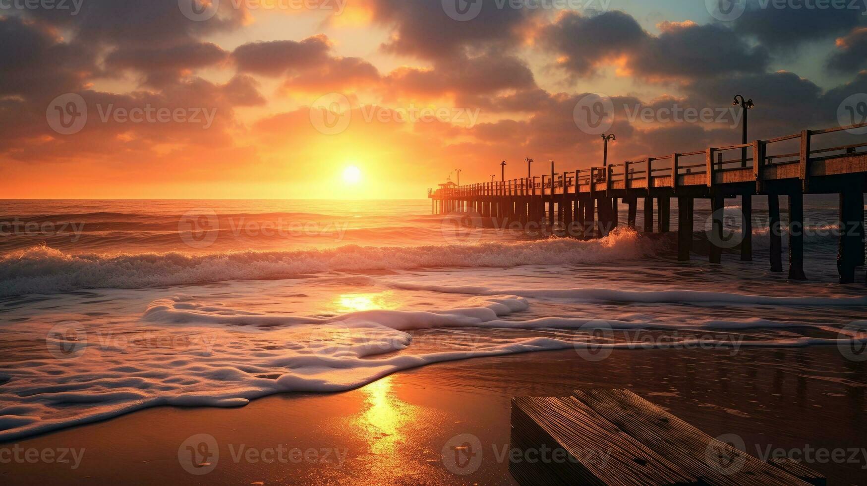 Silhouetted wooden pier on piles during sunset in California s Oceanside Waterfront resort along the Pacific Ocean tide tropical beach Summertime coastline vacations with a photo