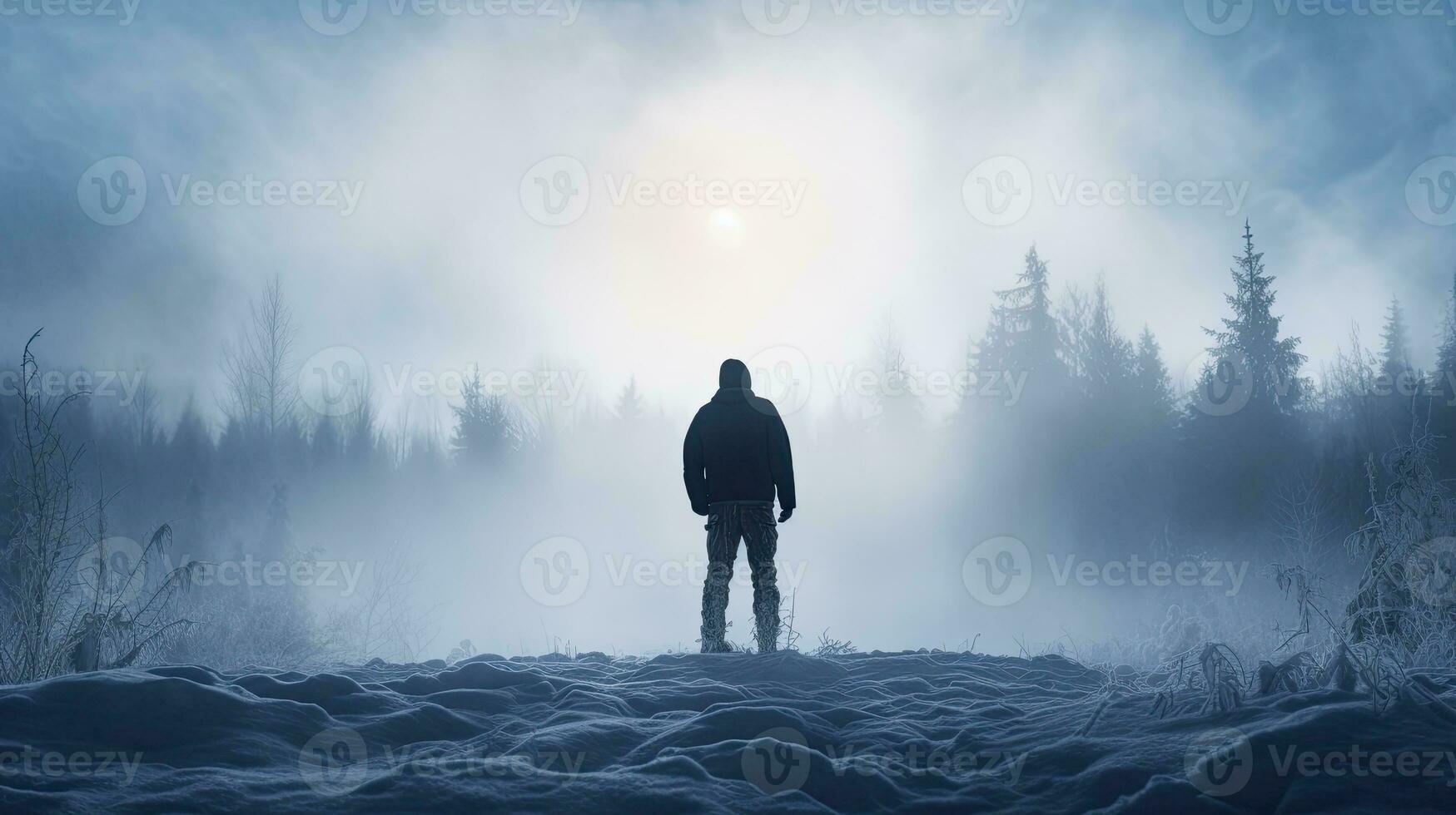 A silhouette of a young man standing in misty nature contemplating life Back view with fresh footprints in deep snow Cold snowy day photo