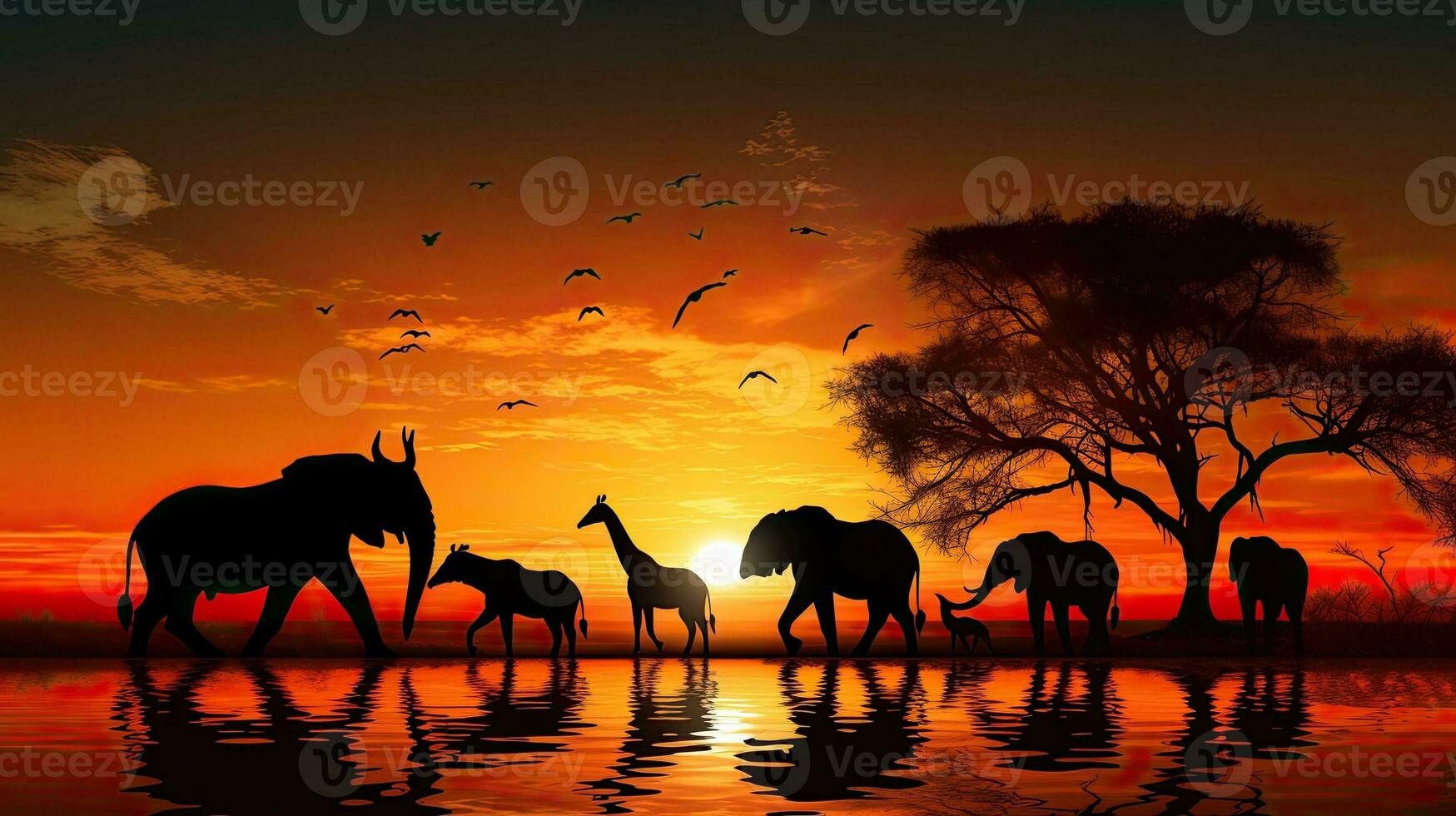 Silhouetted African wild animals at sunset photo