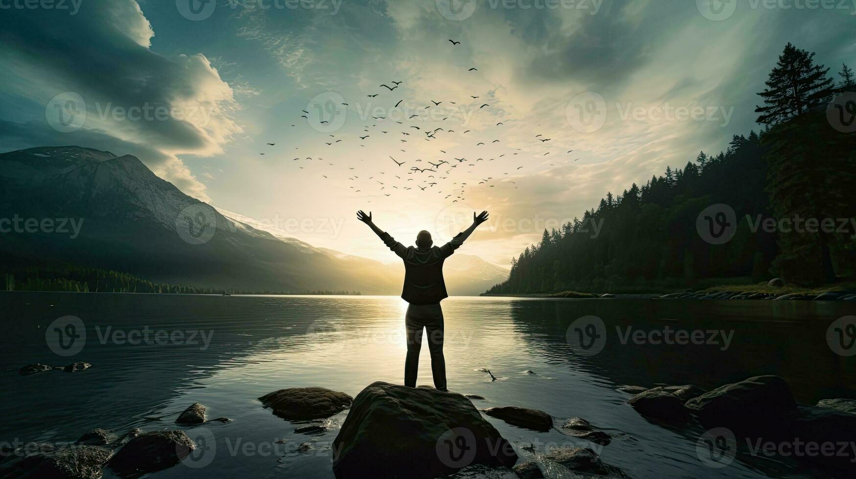 Man admiring nature by water with open arms photo