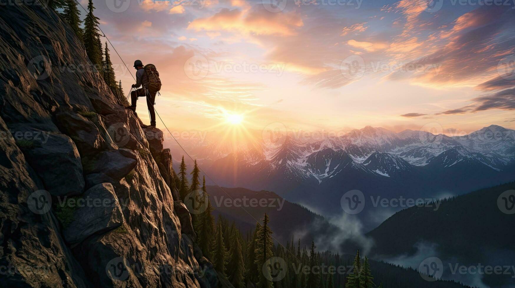 Adventure concept captured in a composite image of silhouette rappelling from a cliff at colorful sunrise or sunset showcasing stunning mountains in British Columbia Canada photo