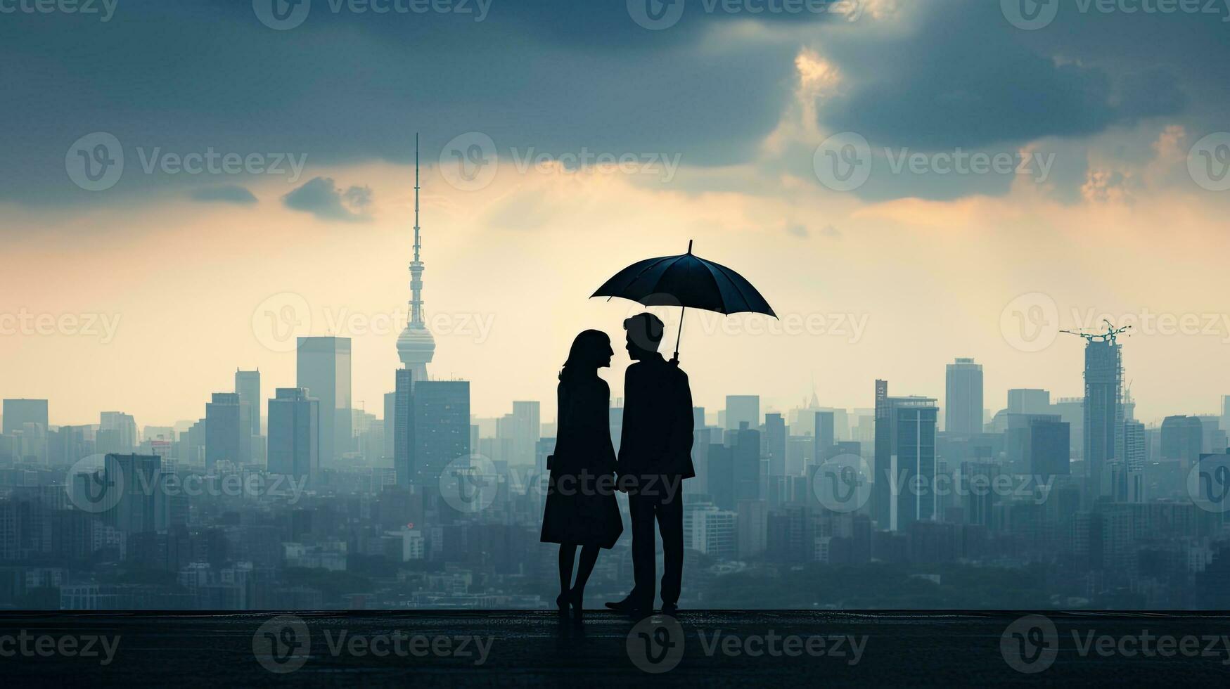 Silhouetted couple with umbrella under cloudy Tokyo sky photo