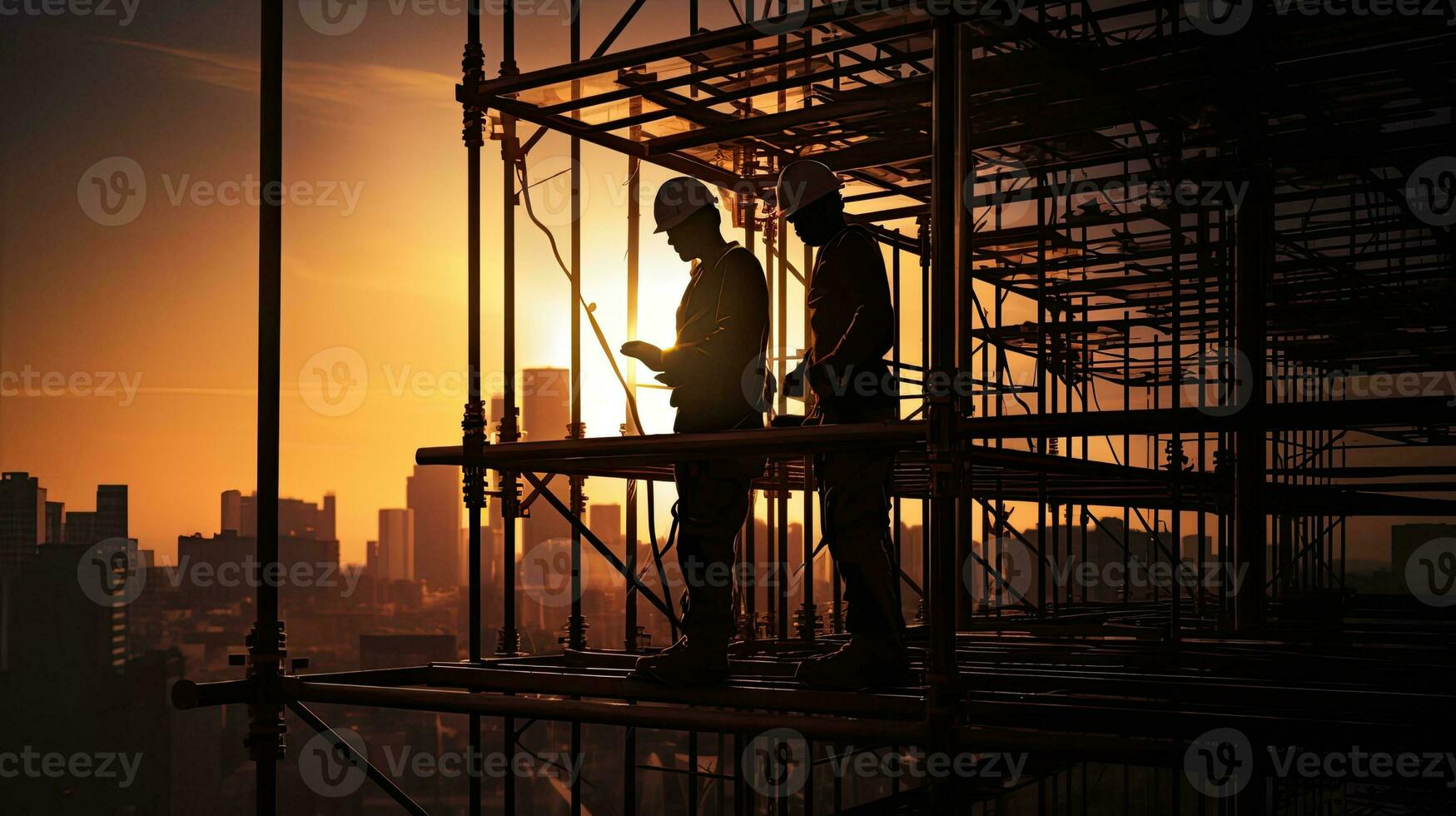 Blurred construction site with silhouette of engineer and construction worker on scaffold photo