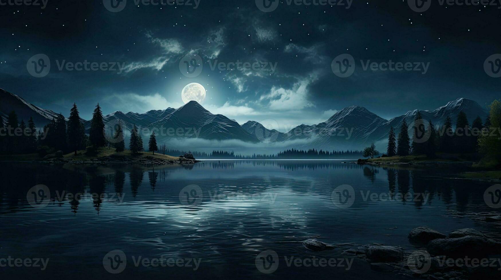 Moonlit lake at night photo