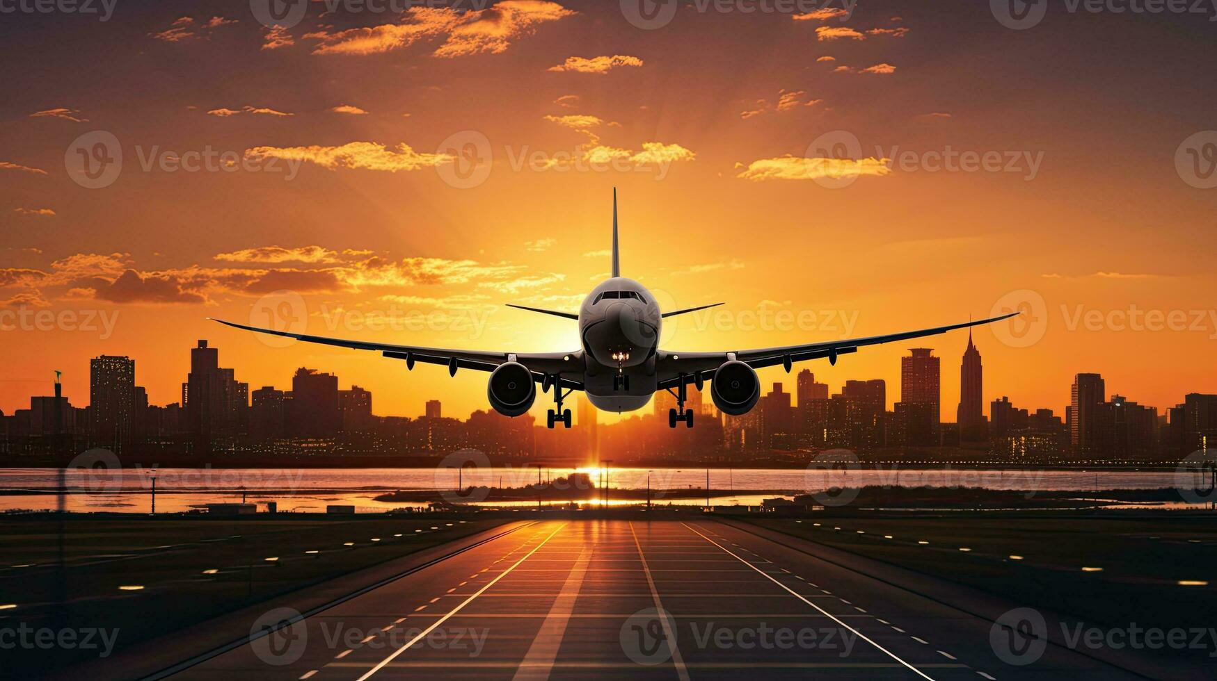 Airplane passengers arrive at airport runway during a stunning sunset with city silhouette in the background photo