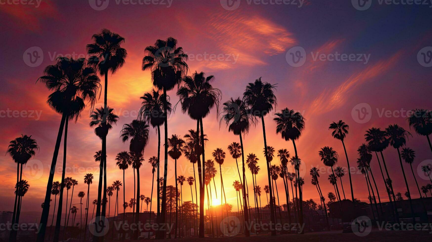 Stunning sunset in LA California with palm trees photo