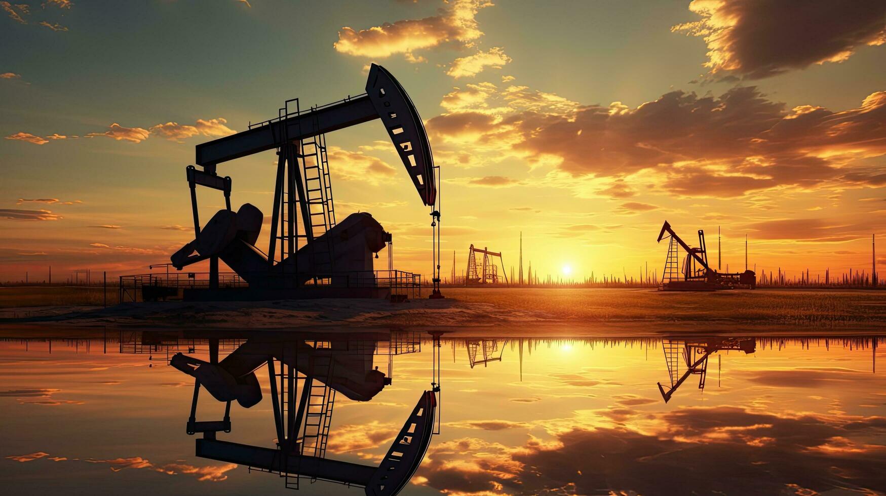 In the evening at an oil field site the beam pumping unit silhouetted against a beautiful sunset is seen along with the reflection in the water photo