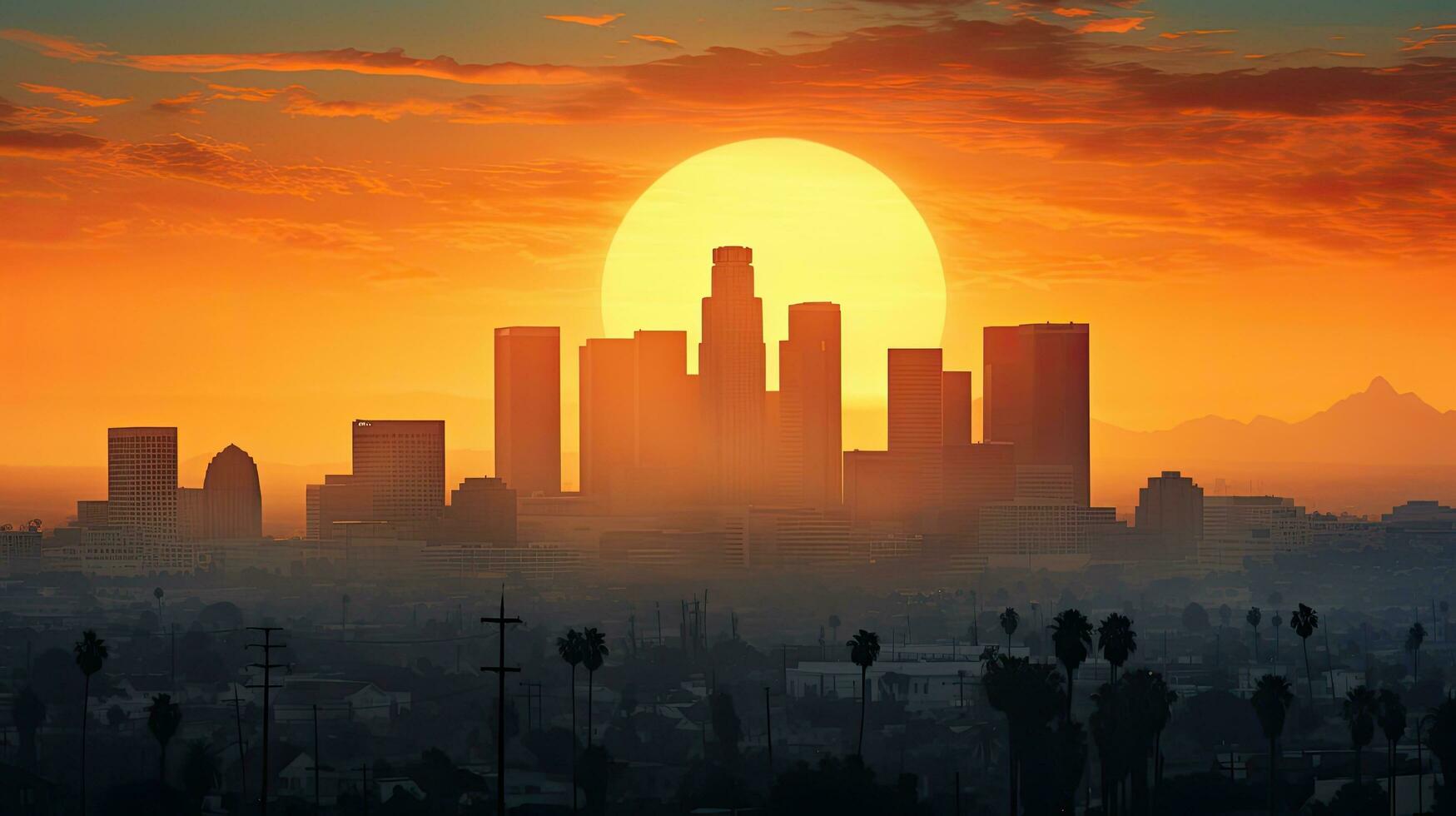 Sunrise silhouette of downtown LA buildings photo