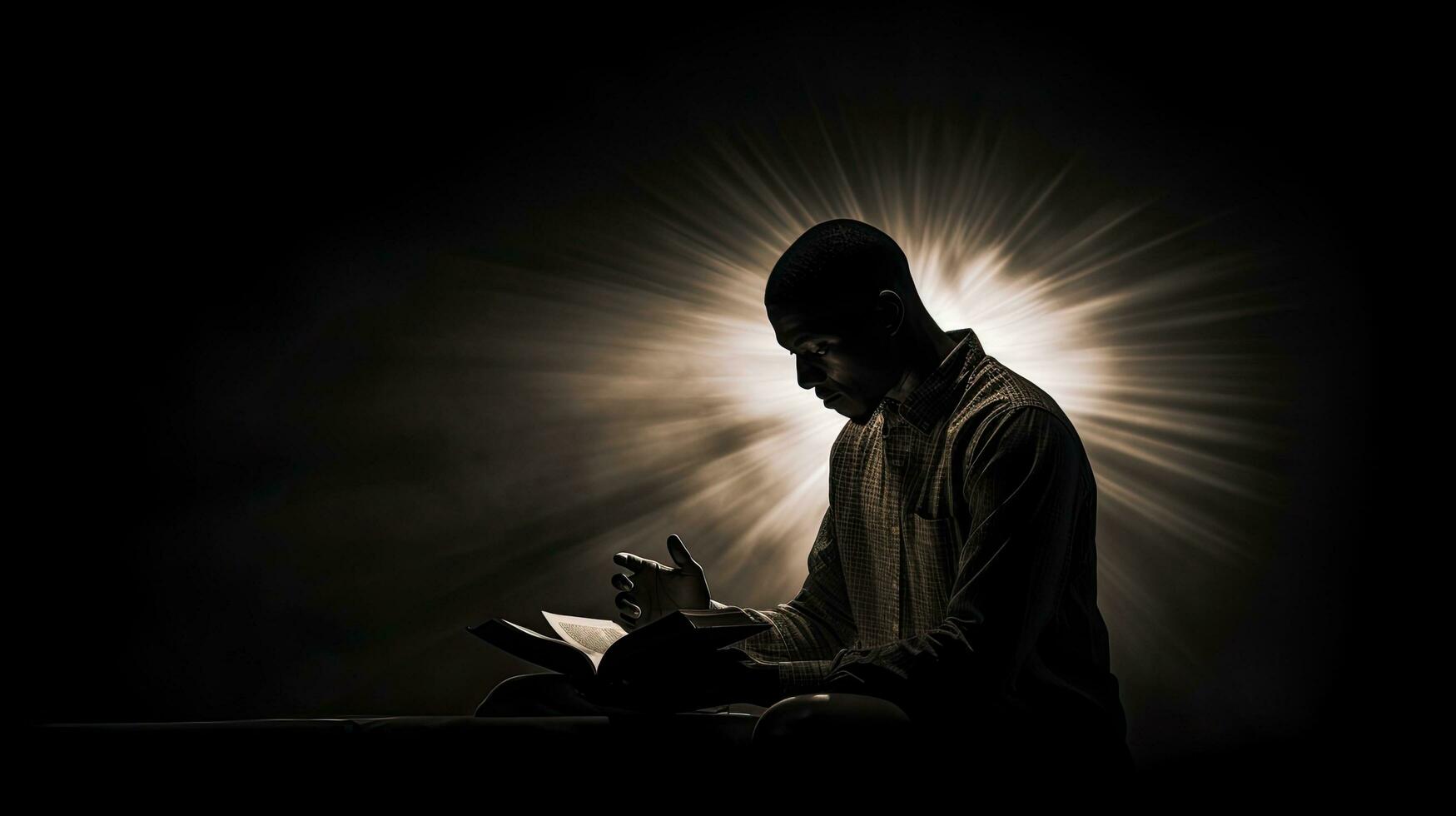 A man holds a Bible prays in black and white with a light flare photo