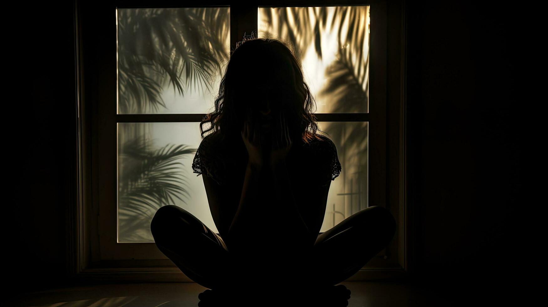 A girl her face hidden seated near a window casting a shadow photo