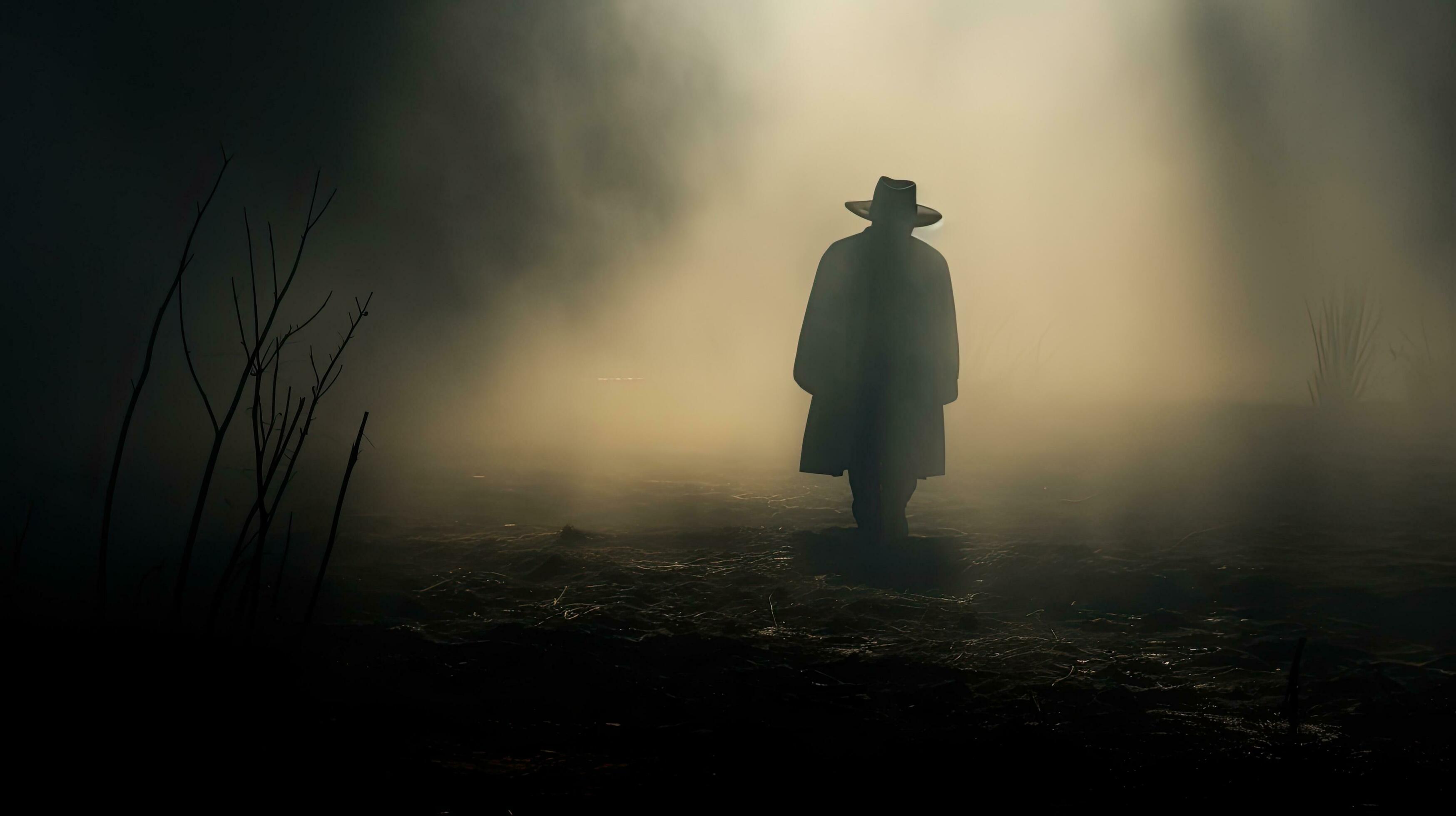 Mysterious figure standing in foggy landscape 27105022 Stock Photo at