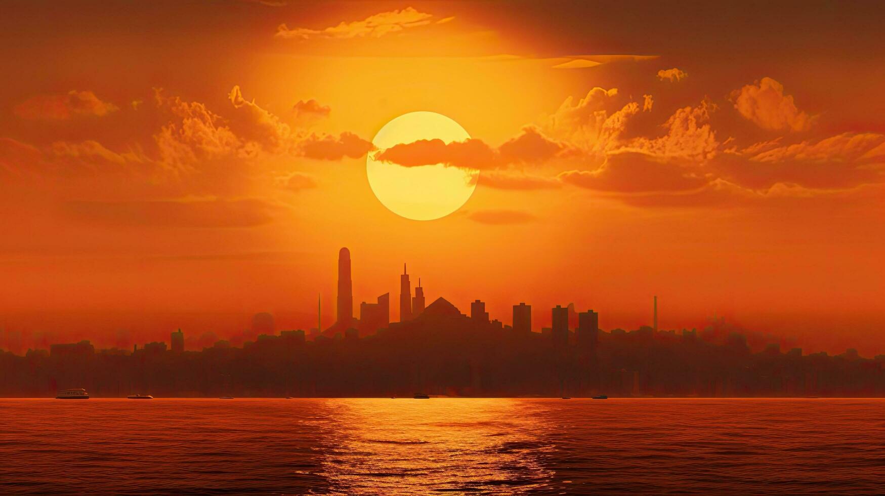 City of Istanbul silhouette on the horizon during an orange sunset over the sea photo