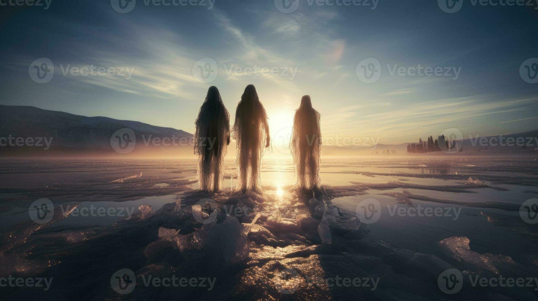 Three people against a frozen lake sky and sun photo