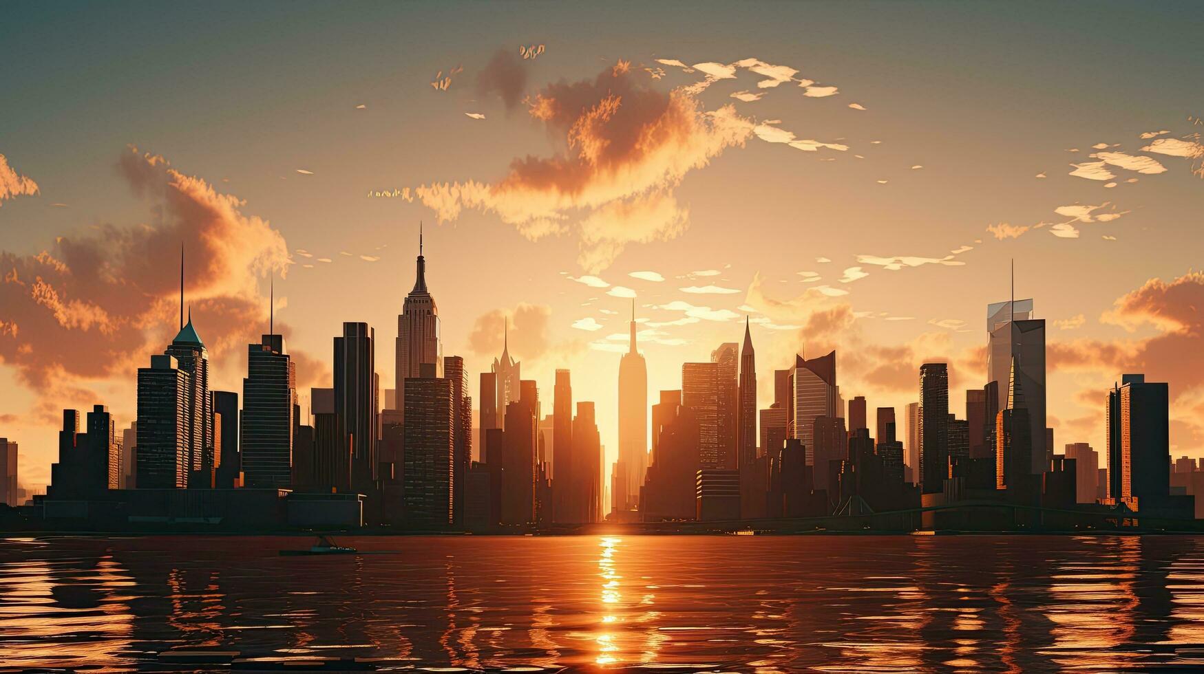 Sunrise urban view of New York City skyscrapers silhouette photo