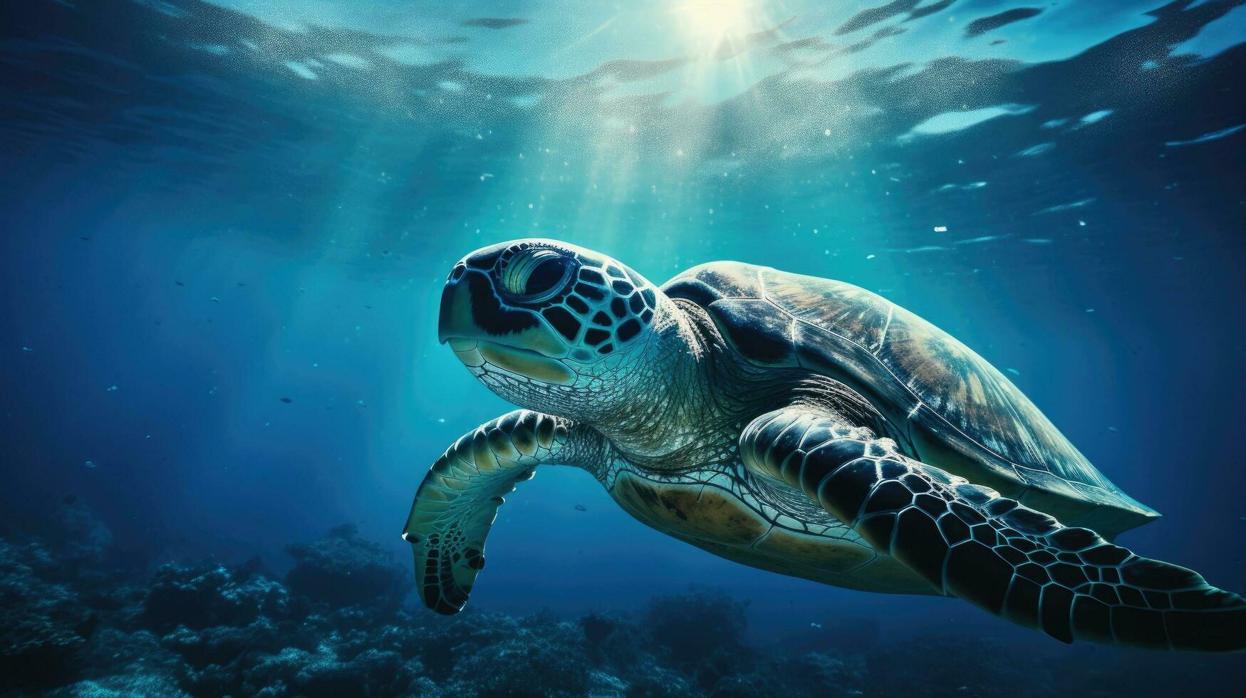 Silhouette of sea turtle gazing upwards from ocean photo