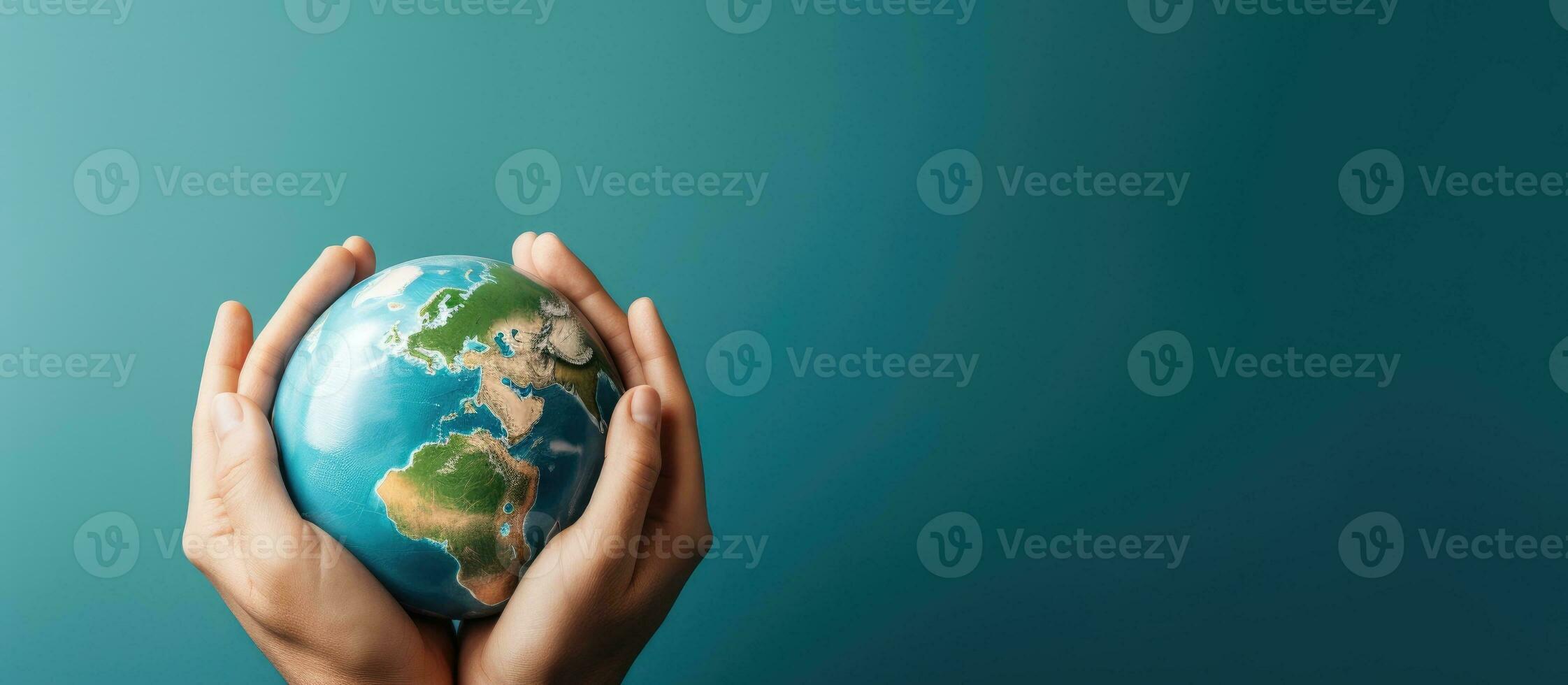 Hands holding earth globe on blue background symbolizing international solidarity and a safe world with copy space Elements provided by NASA photo