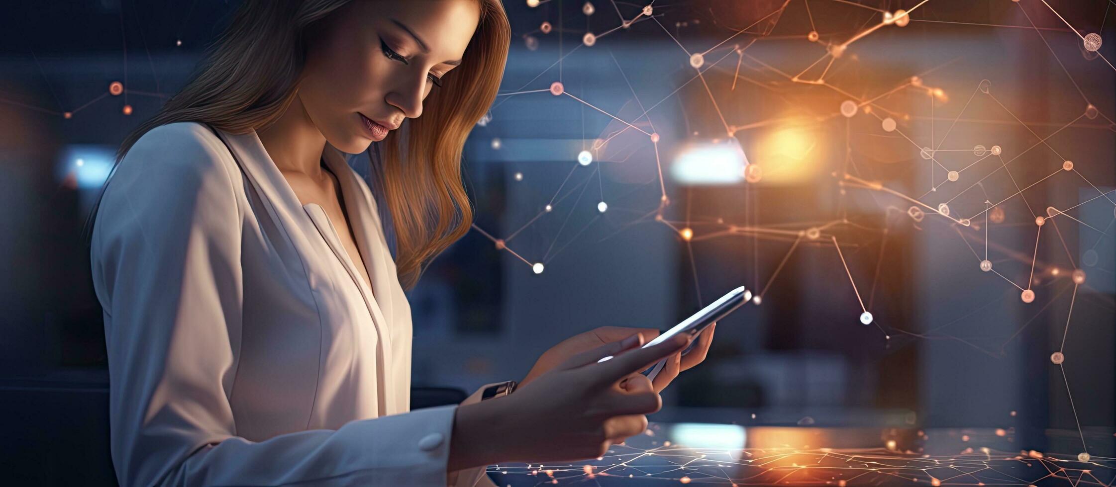 Businesswoman using smartphone browsing the internet on screen at modern office representing data or social networks concept photo