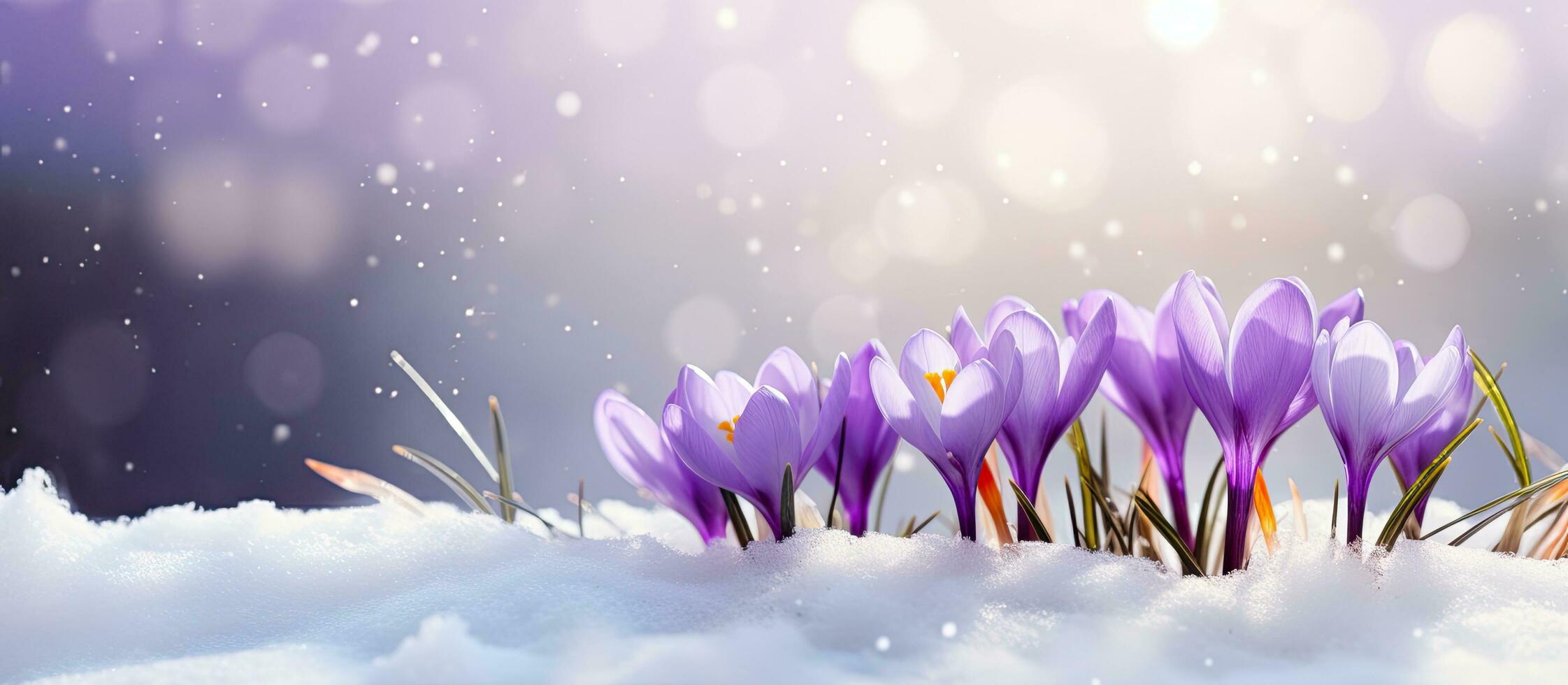Purple crocuses emerging from under snow in early spring closeup with room for text photo