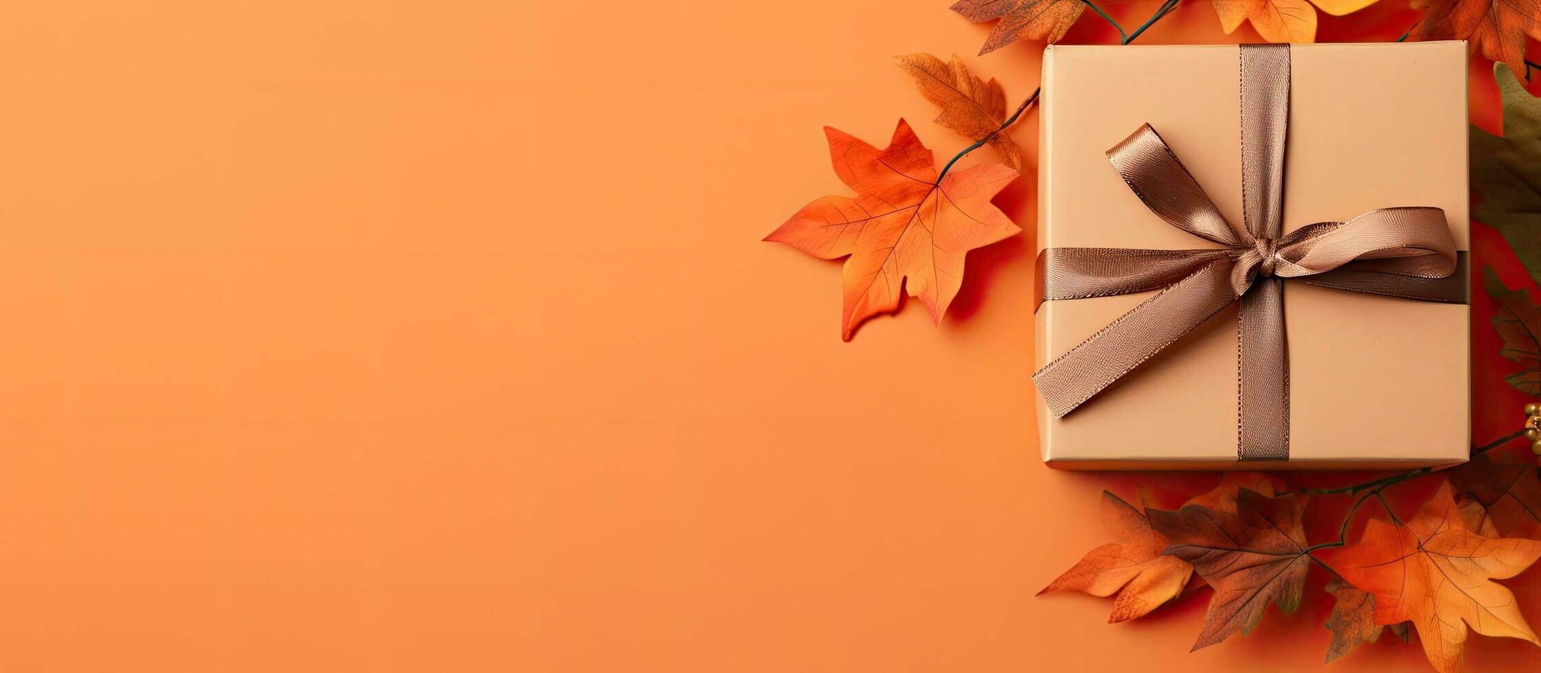 Top view of fall themed handmade paper gift box on orange background with copy space photo