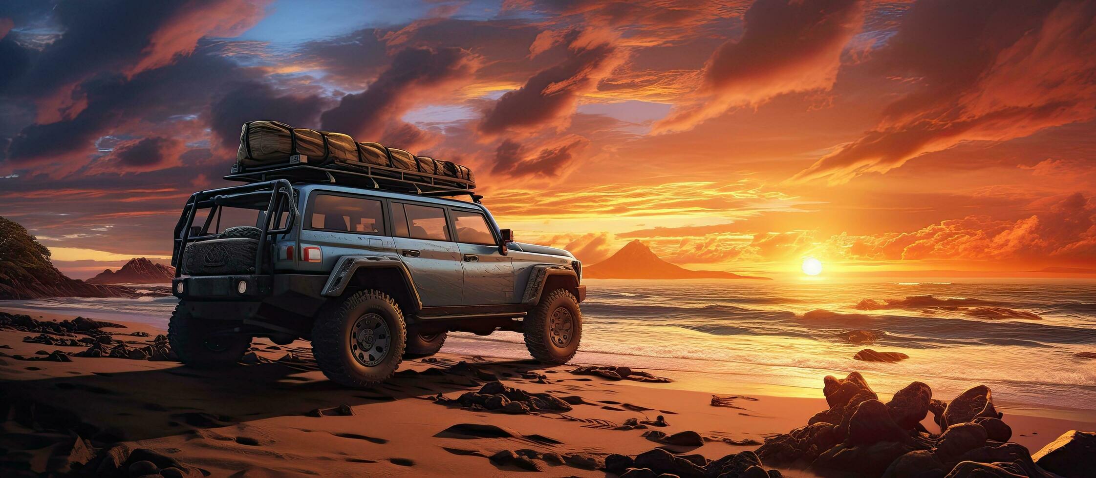 amanecer playa aventuras con 4wd vehículo en el Afuera foto