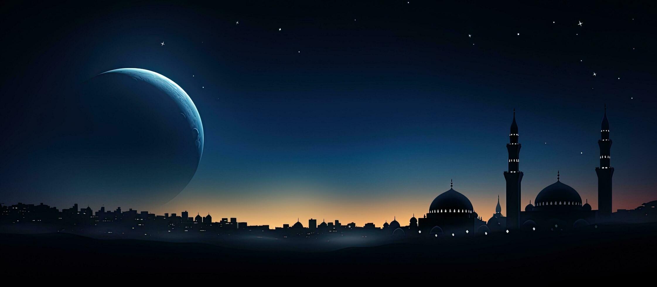 Islamic religious symbol silhouette of mosques dome and crescent moon against twilight sky with text space for Ramadan Eid al Adha Eid al Fitr and Mubarak photo